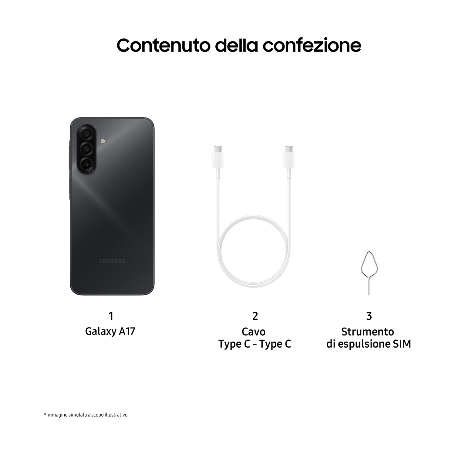 Contenuto della confezione: Un Samsung Galaxy A17, un cavo Type C e uno strumento di espulsione SIM.