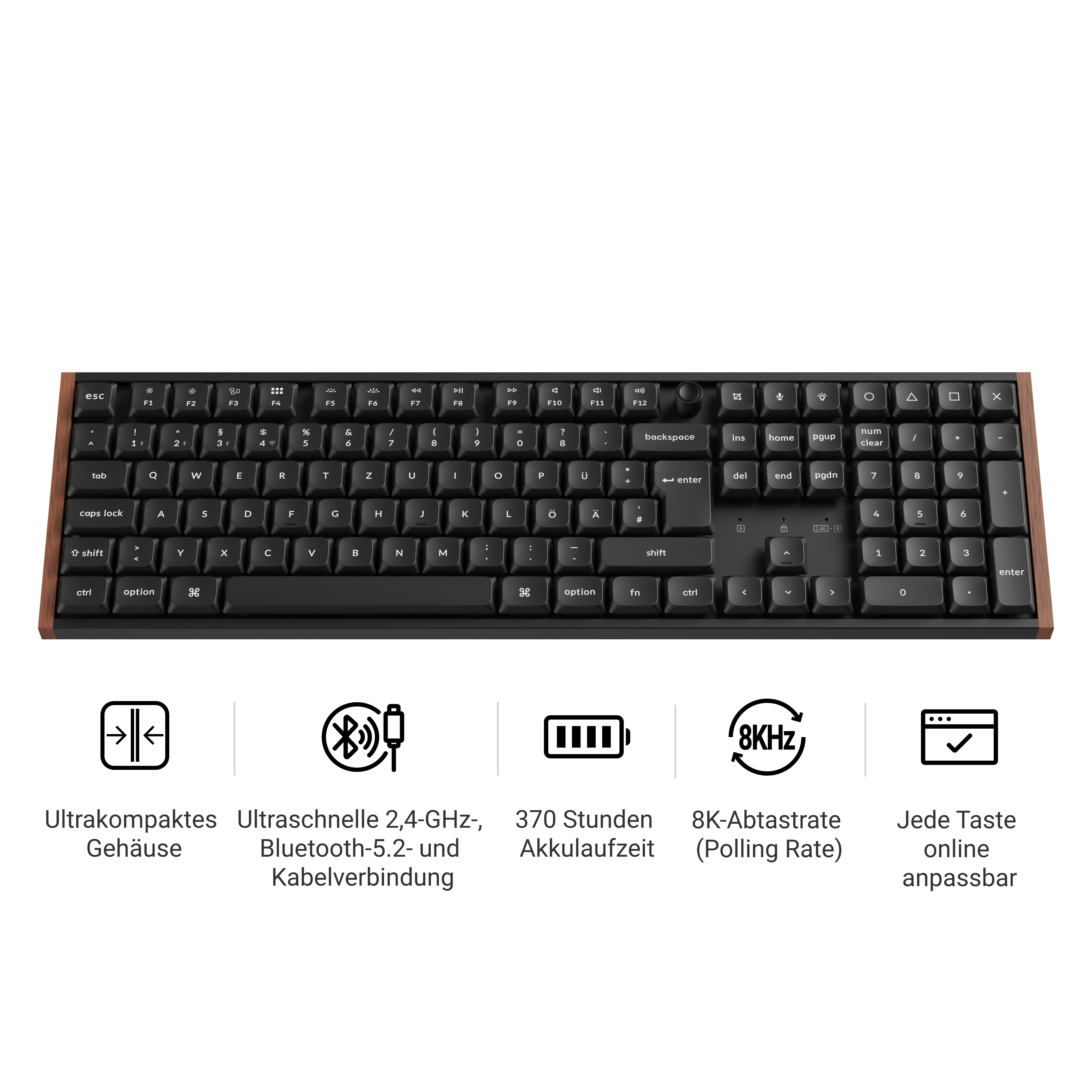 Mechanische Tastatur mit Holzrahmen und fünf Produktmerkmalen unten.
