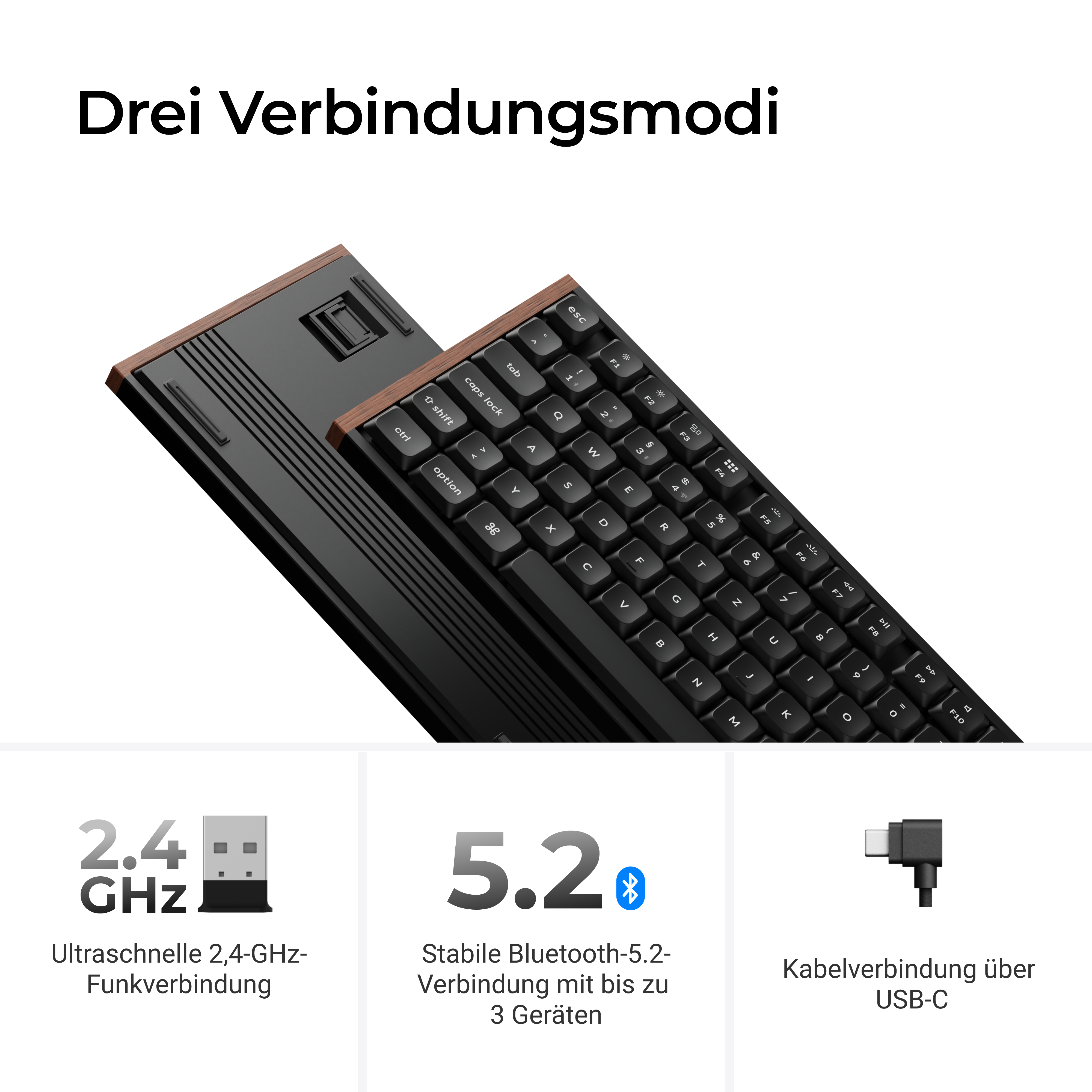 Grafik zeigt eine Tastatur und drei Verbindungsmodi: 2,4-GHz-Funk, Bluetooth 5.2 und USB-C-Kabel.