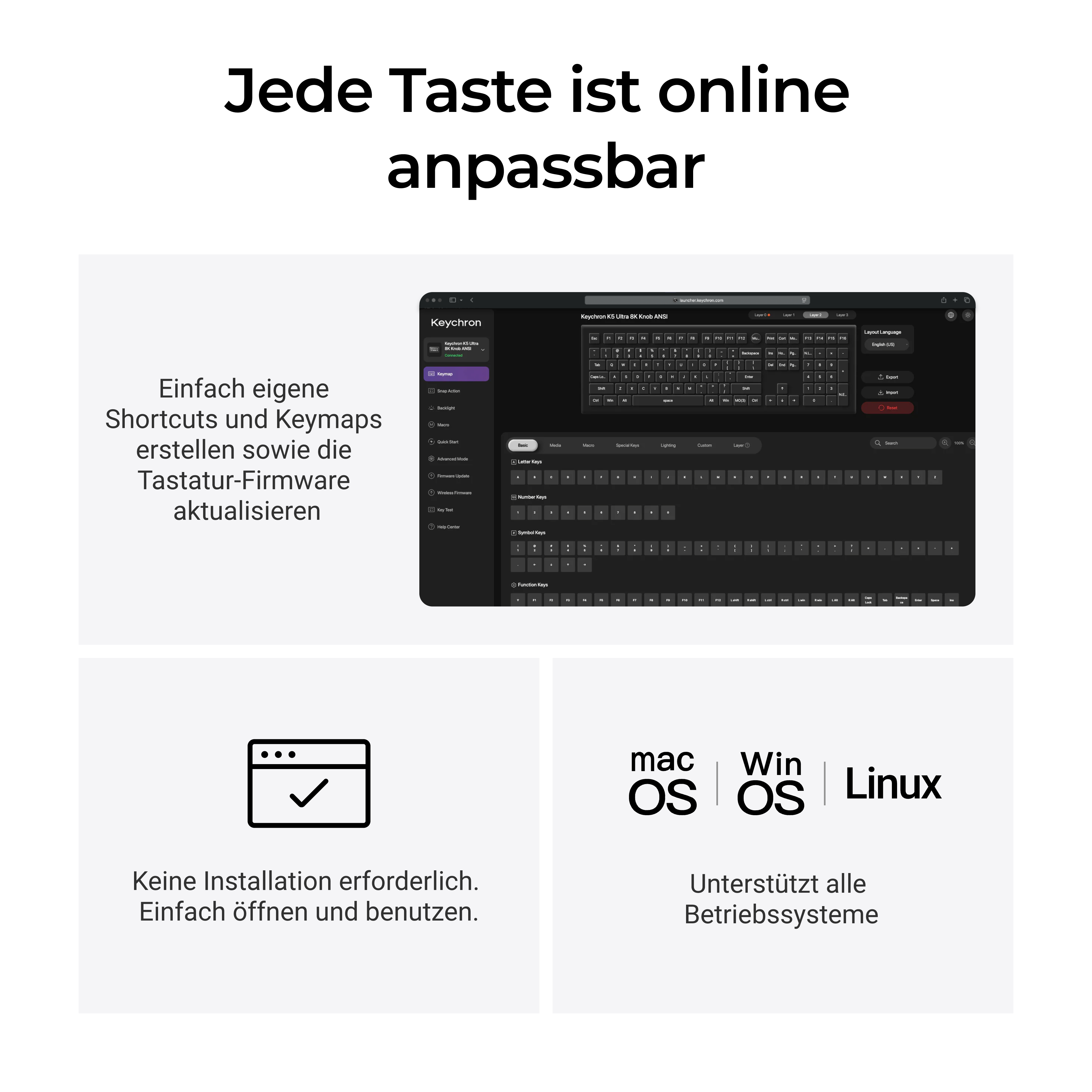 Softwareoberfläche zum Anpassen von Tastenkombinationen, Firmware-Updates und plattformübergreifender Unterstützung.