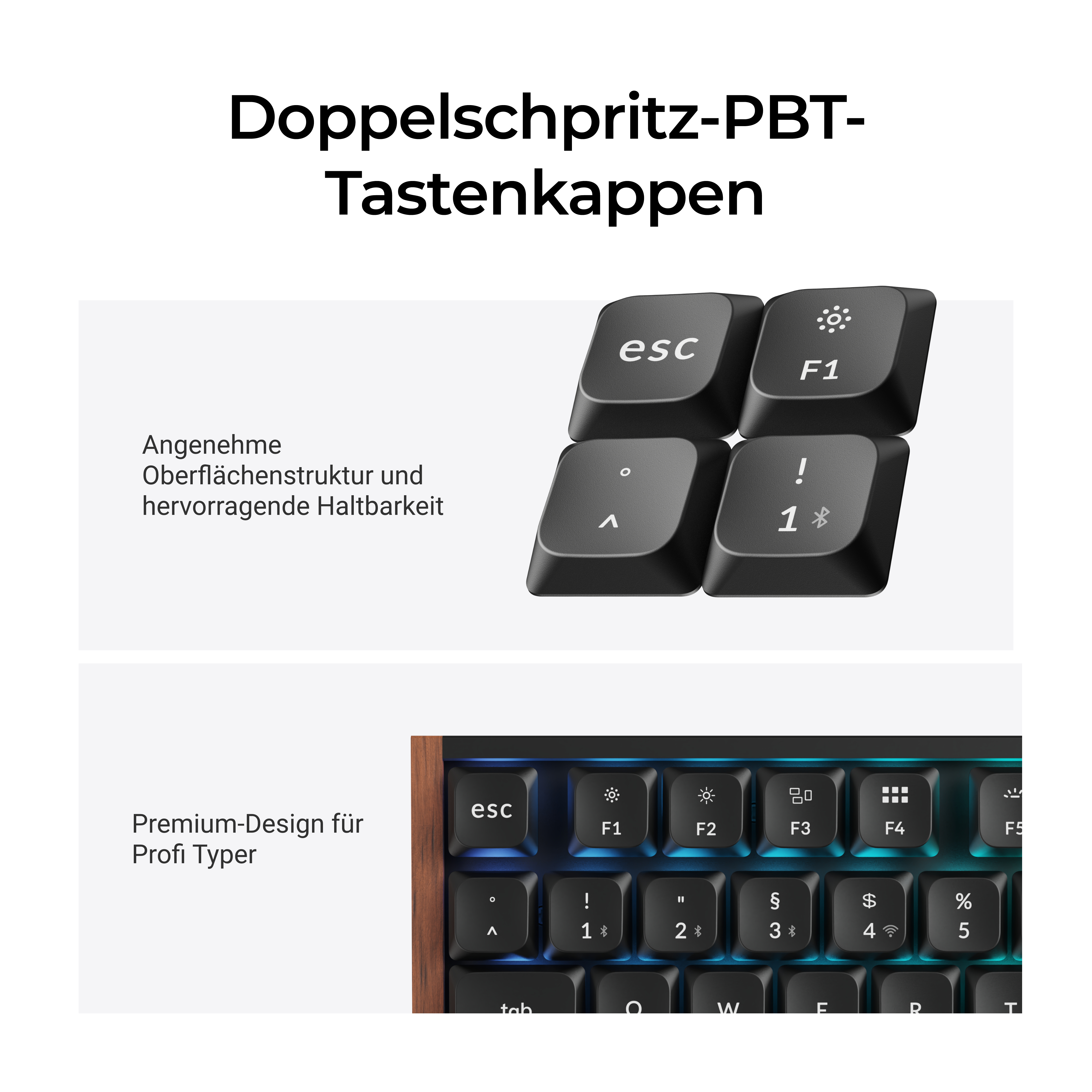 Schwarze Doppelspritz-PBT-Tastenkappen mit langlebigem Design und Beleuchtung.