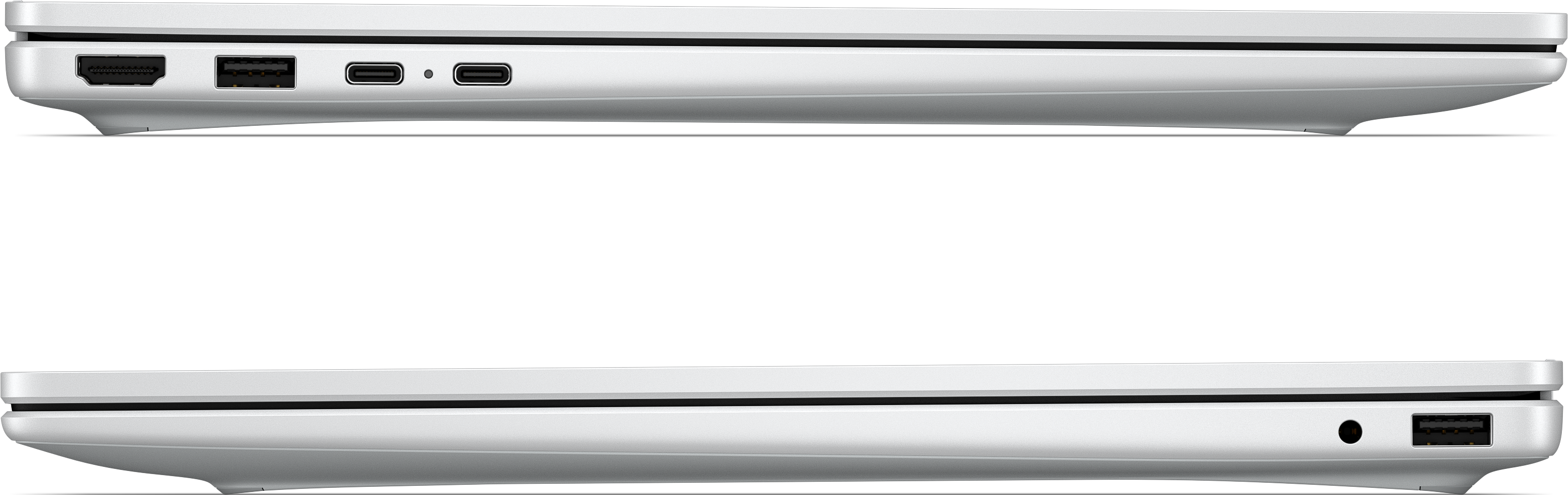 Vue latérale d'un ordinateur portable argenté avec ports HDMI, USB et USB-C.