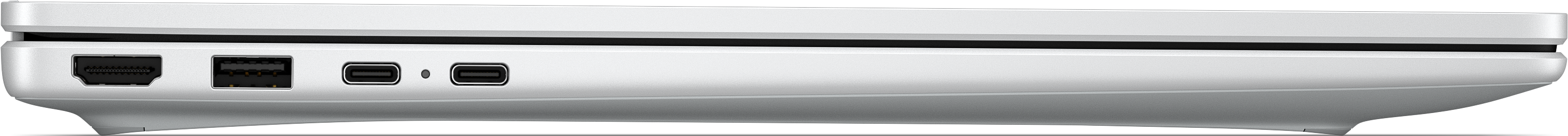 Vue latérale d'un ordinateur portable argenté avec des ports HDMI, USB-A et USB-C.