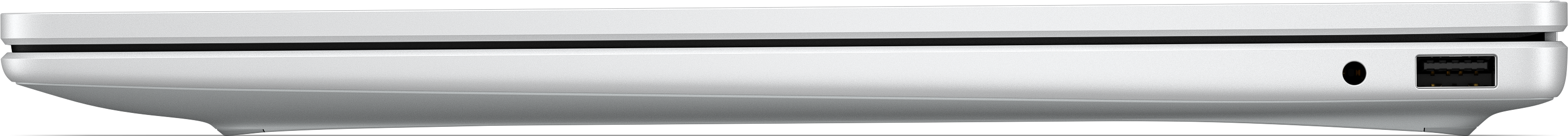 Vue latérale d'un ordinateur portable blanc fermé montrant une prise audio et un port USB.