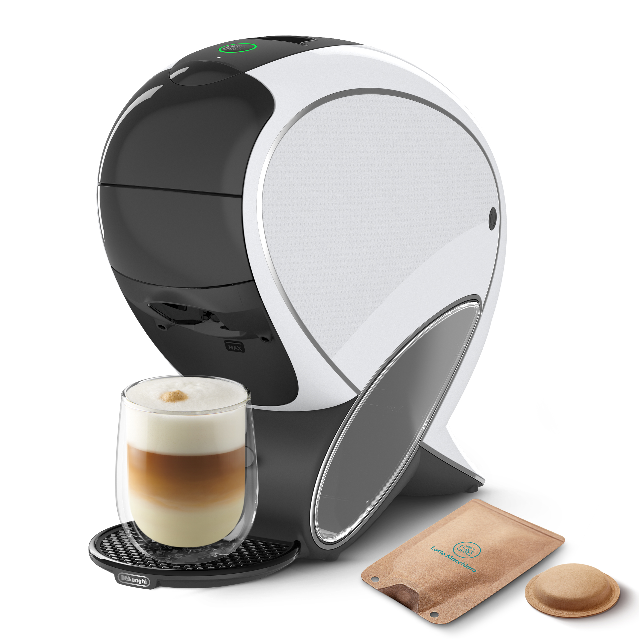 Cafetera moderna en blanco y negro con una taza de latte macchiato y cápsulas de café sobre fondo blanco.