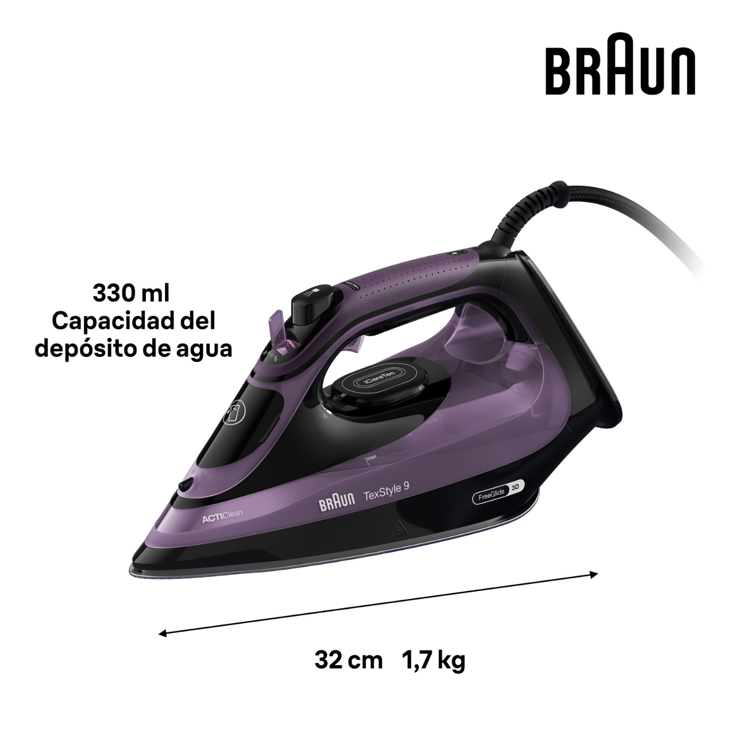 Una plancha de vapor Braun TexStyle 9 negra y morada con dimensiones, capacidad de agua y el logotipo de Braun.