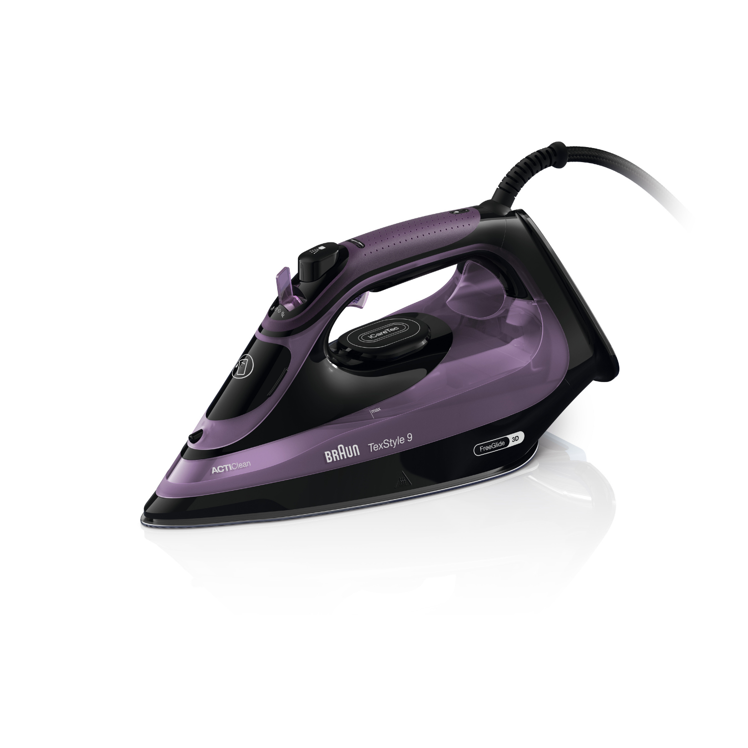 Una plancha a vapor Braun TexStyle 9 negra y morada con tanque de agua translúcido sobre fondo blanco.