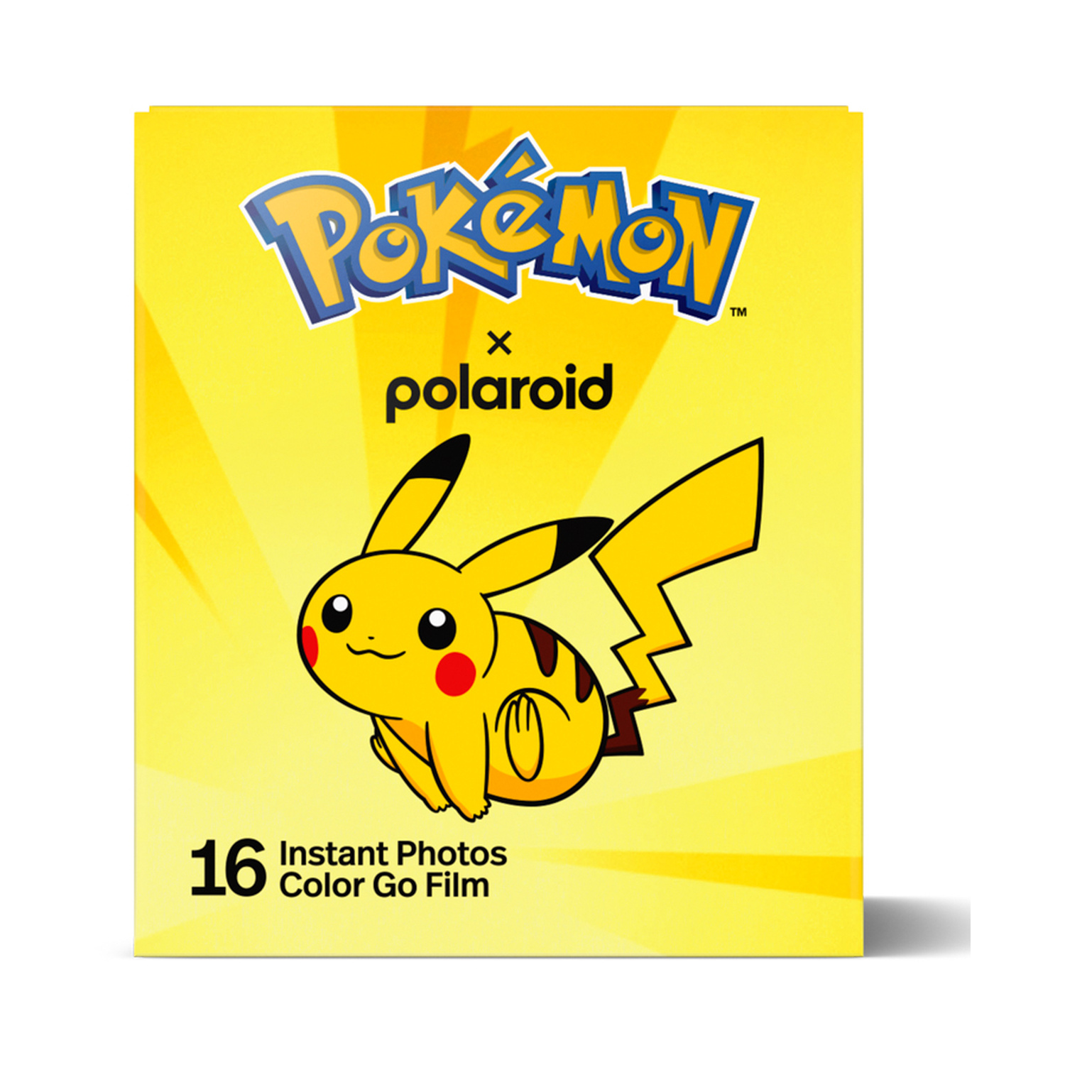 Scatola di pellicola Polaroid Pokémon gialla con Pikachu e la scritta 16 Instant Photos.