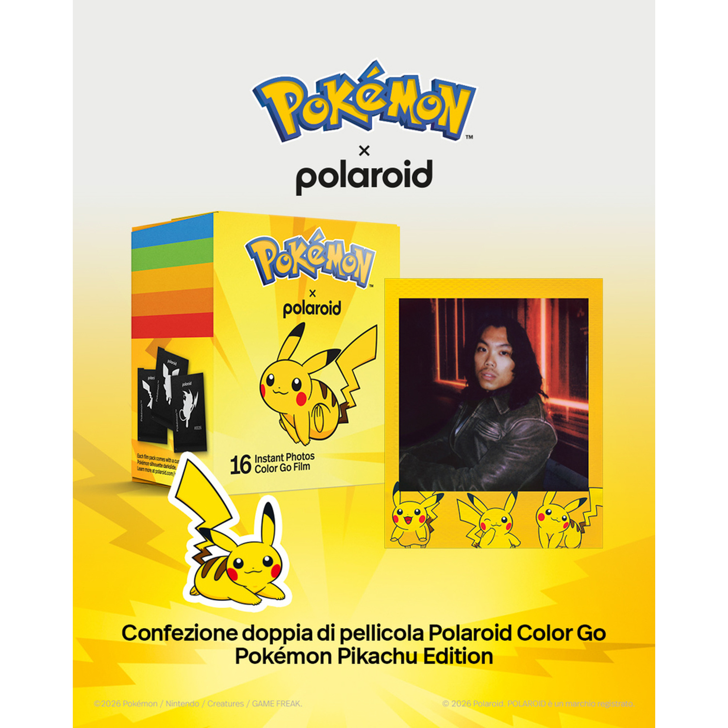 Collaborazione Pokémon x Polaroid con scatola gialla e foto istantanea di Pikachu.