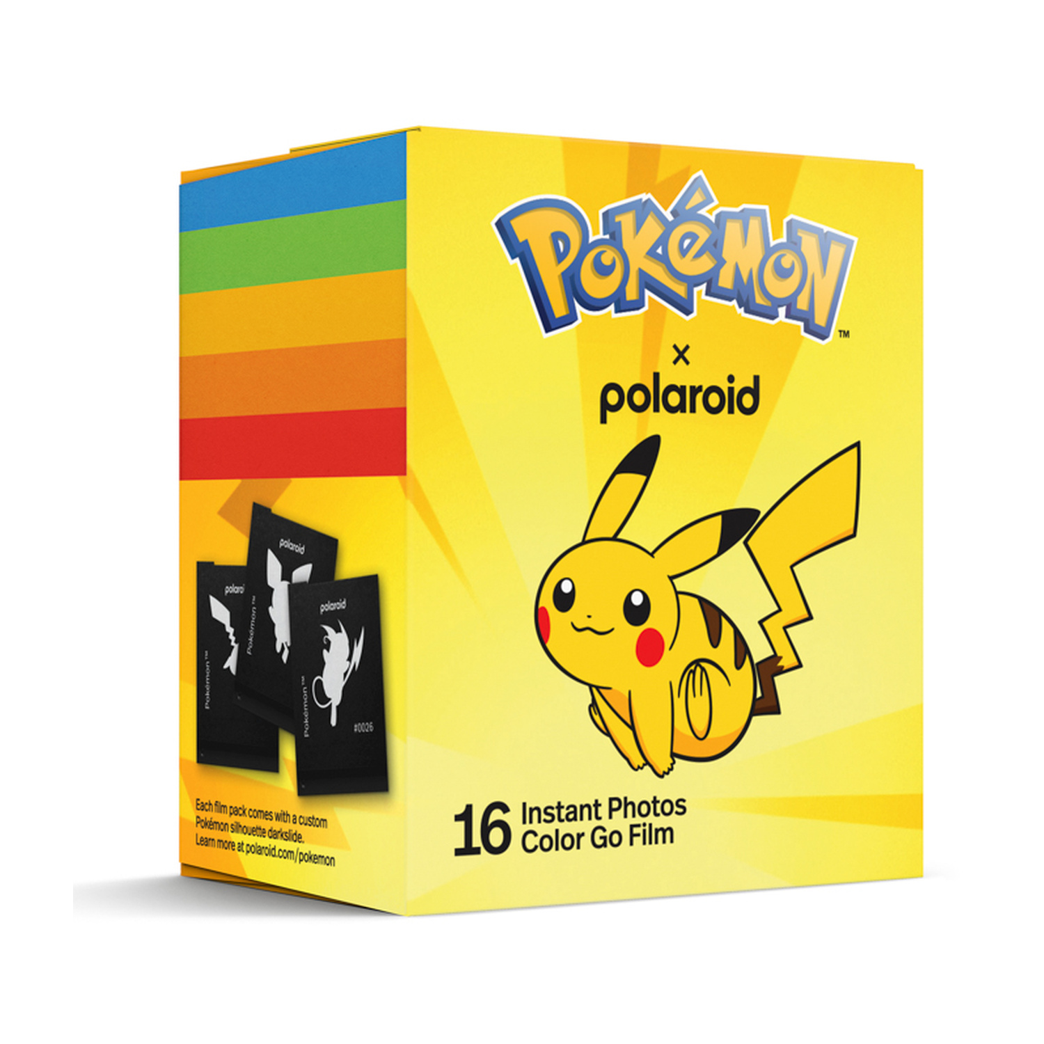 Confezione gialla Pokémon x Polaroid con Pikachu, 16 pellicole istantanee a colori e strisce.