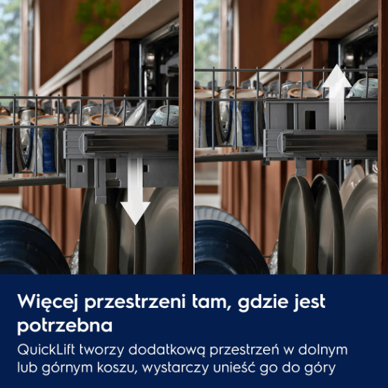 Dwa widoki zmywarki pokazujące mechanizm QuickLift regulujący wysokość kosza na naczynia.
