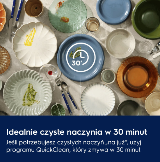 Widok z góry na brudne naczynia z resztkami jedzenia, przedzielone linią z ikoną timera na 30 minut i tekstem.