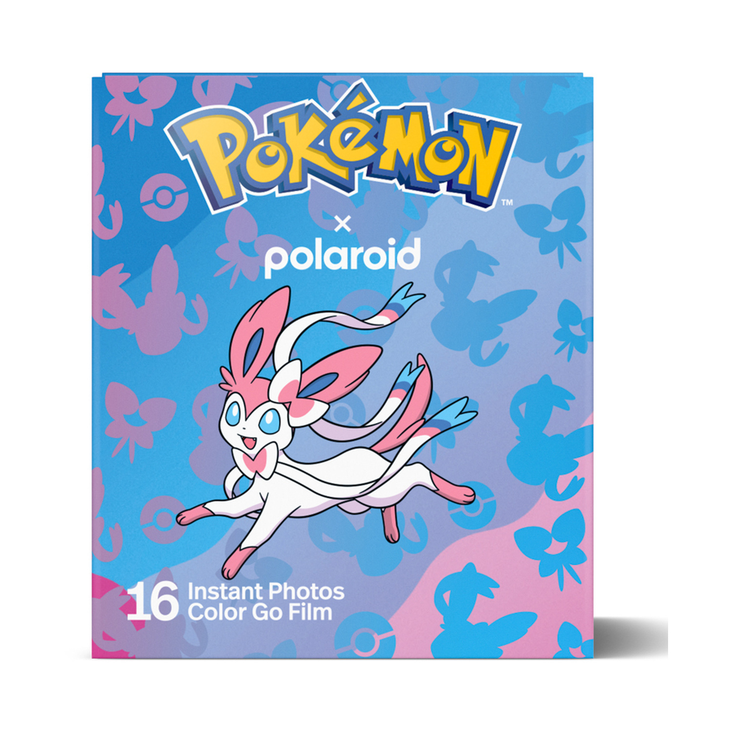 Scatola di pellicola Pokemon x Polaroid con Sylveon, sfondo blu e rosa, con 16 foto istantanee.