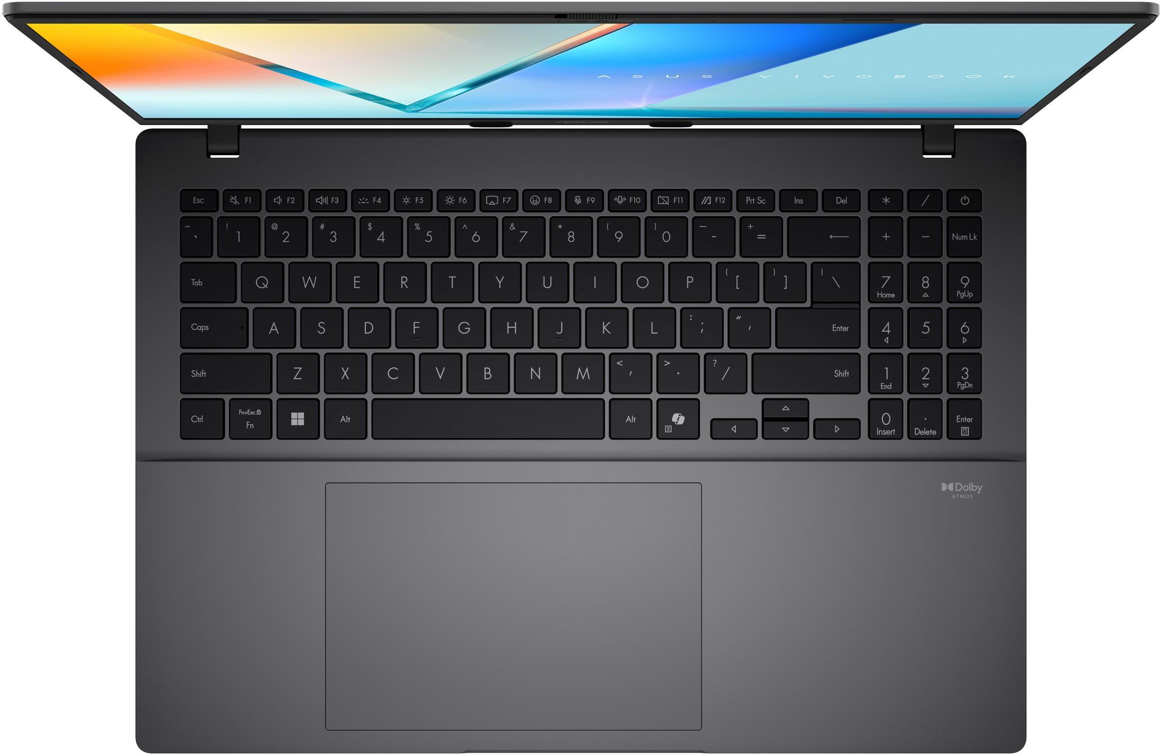 Felnagyított felülnézet egy fekete laptopról QWERTY billentyűzettel, számbillentyűzettel, érintőpaddal és színes kijelzővel.