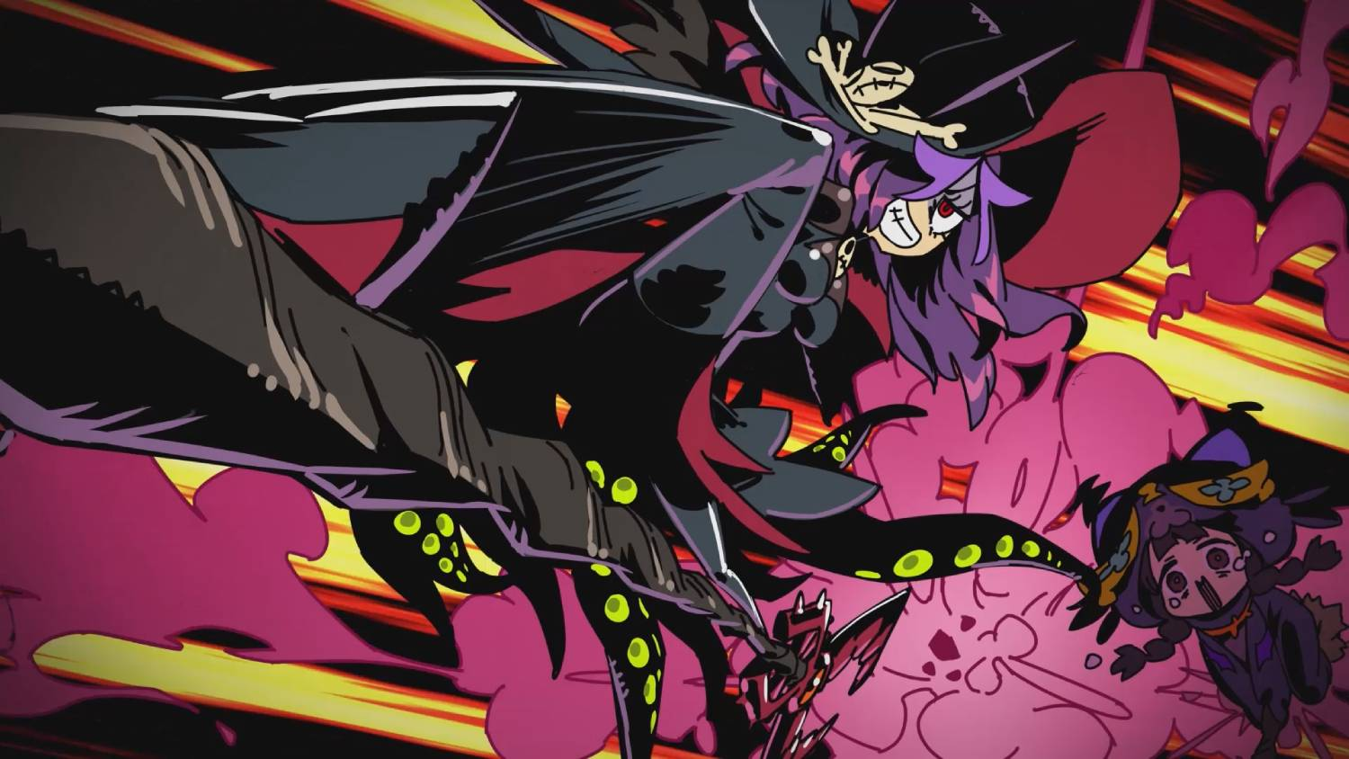 Escena de anime con un personaje de pelo oscuro con sombrero pirata cargando hacia adelante sobre fondo amarillo y rojo.