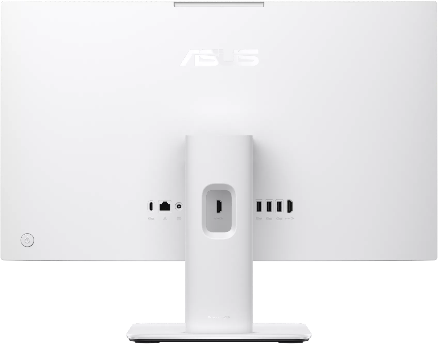 Egy fehér ASUS monitor hátulja különféle csatlakozókkal, állvánnyal és a márka logójával.
