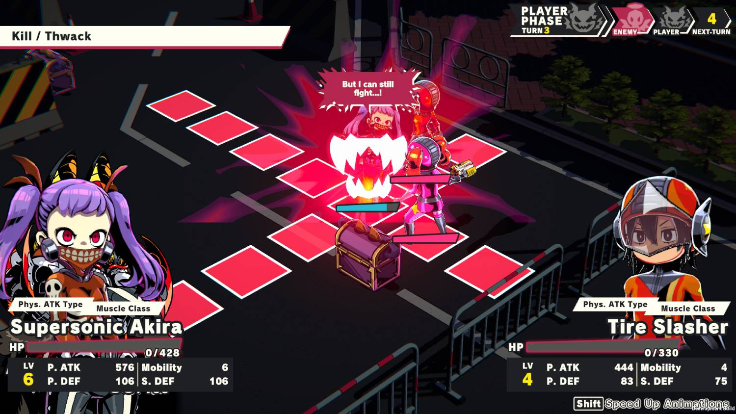 Videojuego táctico que muestra dos personajes en una cuadrícula con puntos de salud e interfaz.