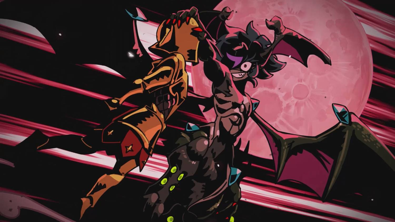 Dos personajes alados estilo anime luchando frente a una luna roja gigante y rayas rojas de fondo.
