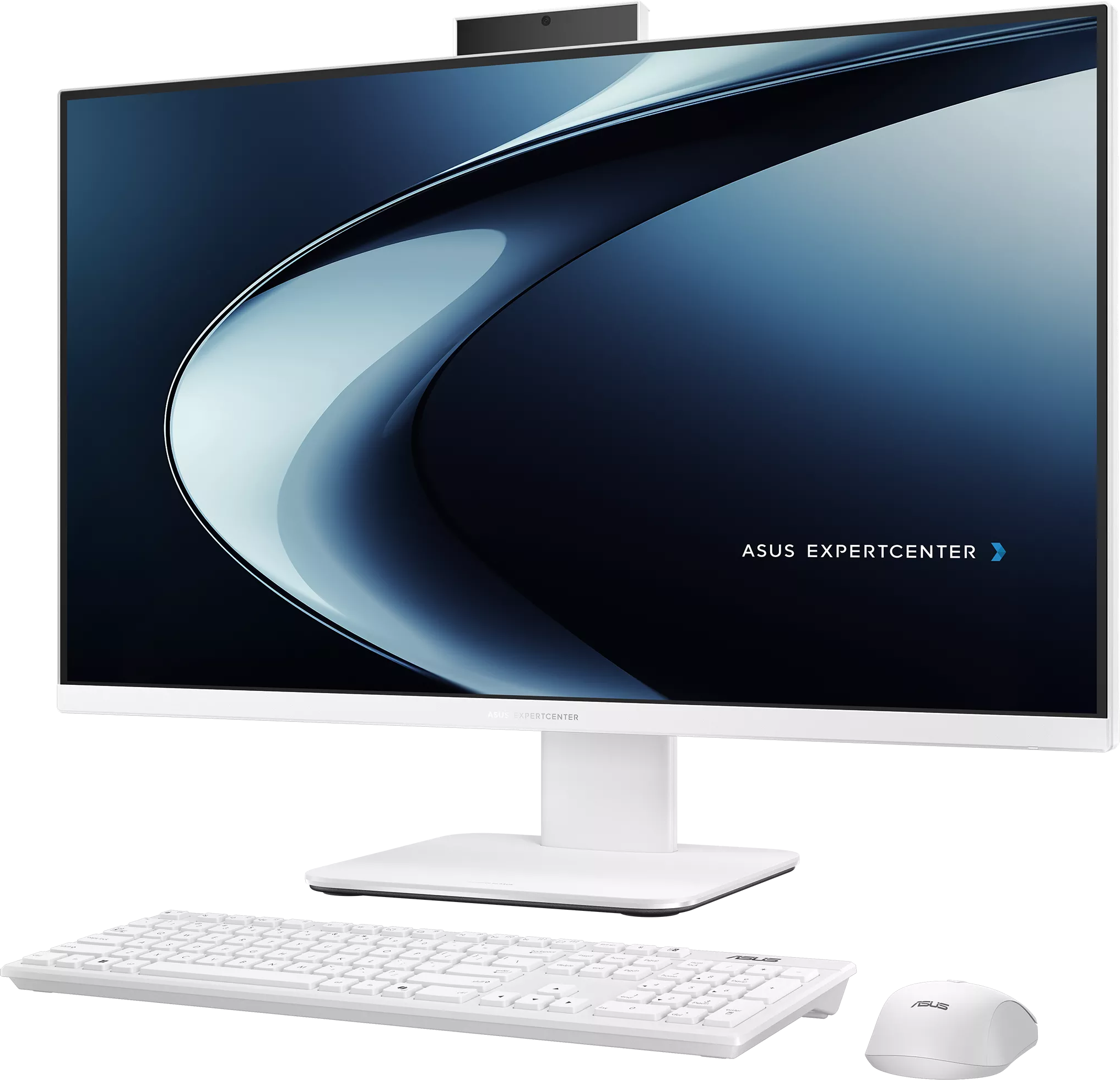 Fehér színű Asus ExpertCenter egyben gép billentyűzettel és egérrel, fekete háttér előtt.
