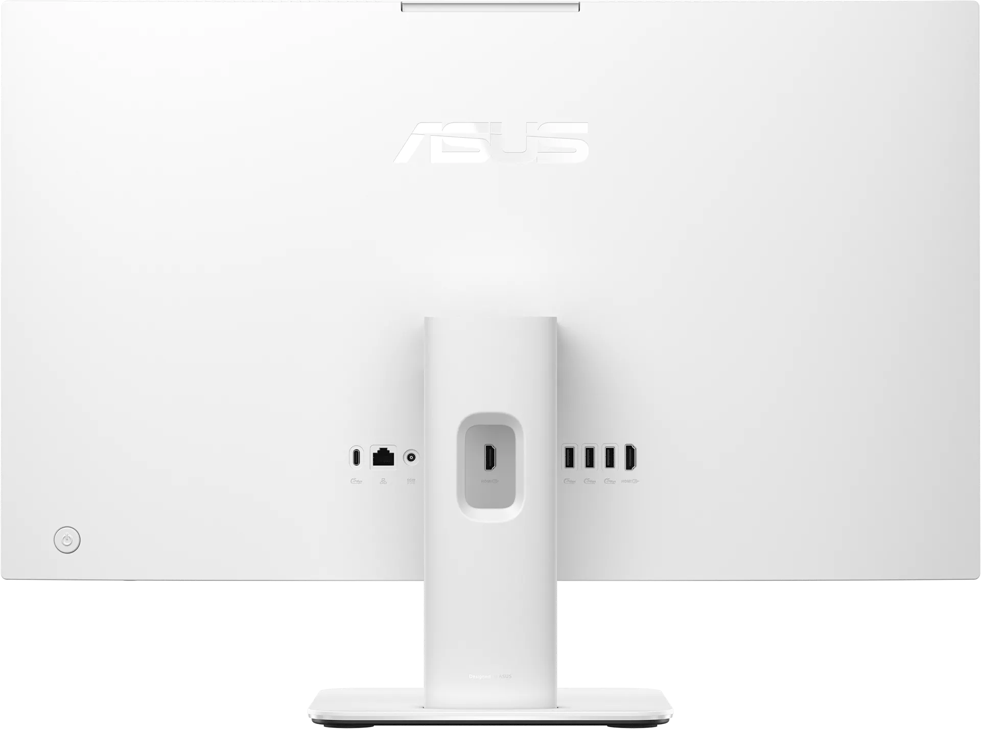 Egy fehér ASUS monitor hátulja, alul különböző portokkal és egy állvánnyal.