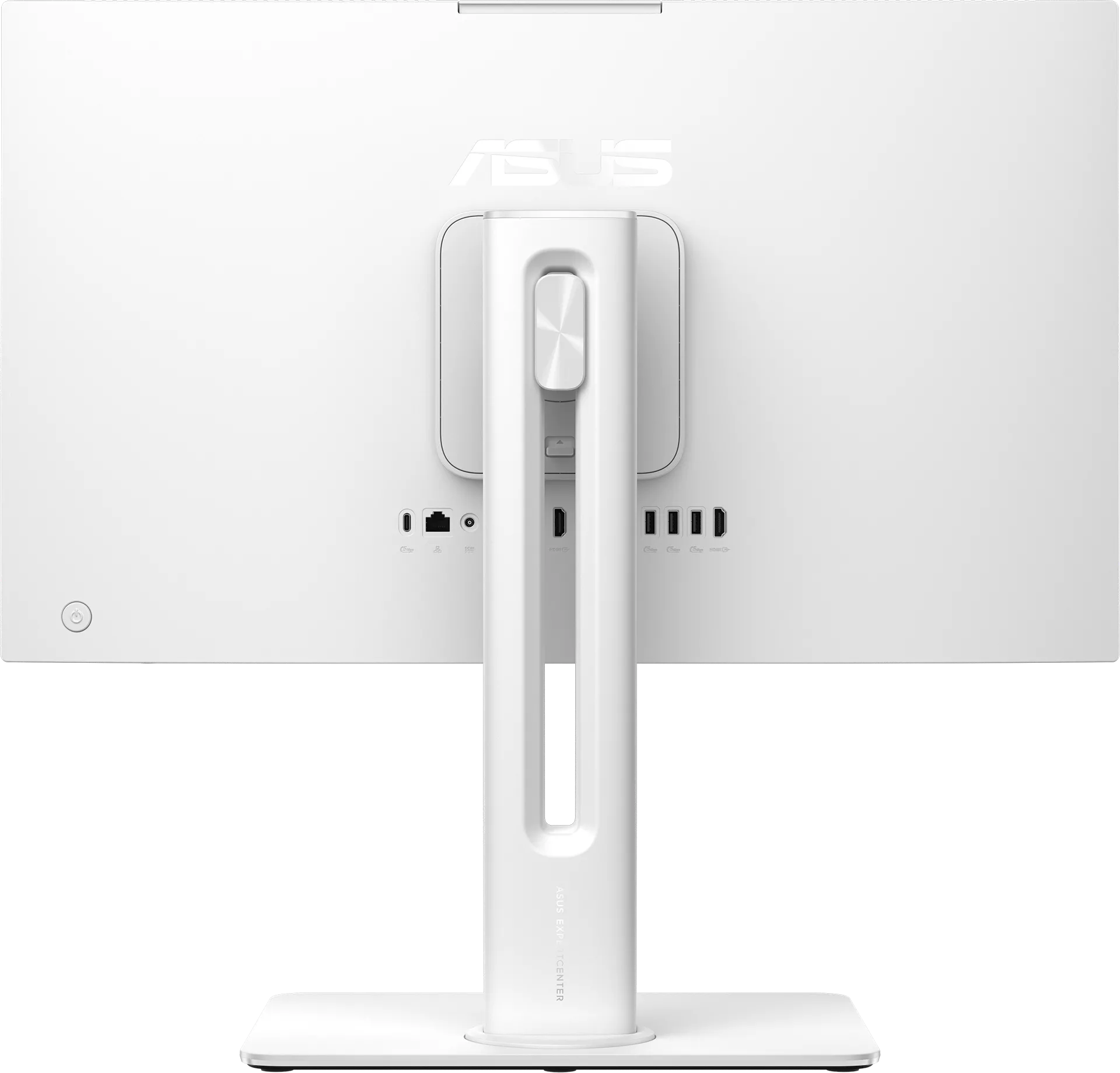 Egy fehér ASUS monitor hátulja állvánnyal és különféle csatlakozókkal.