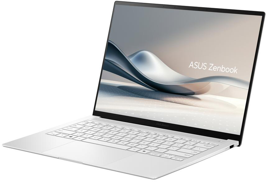 Egy nyitott ezüst ASUS Zenbook laptop fehér billentyűzettel és absztrakt háttérképpel fehér háttér előtt.