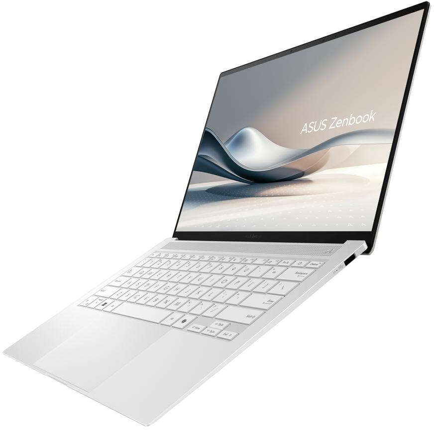 Egy ASUS Zenbook laptop alacsony szögből nézve, fehér billentyűzettel és grafikát mutató képernyővel.