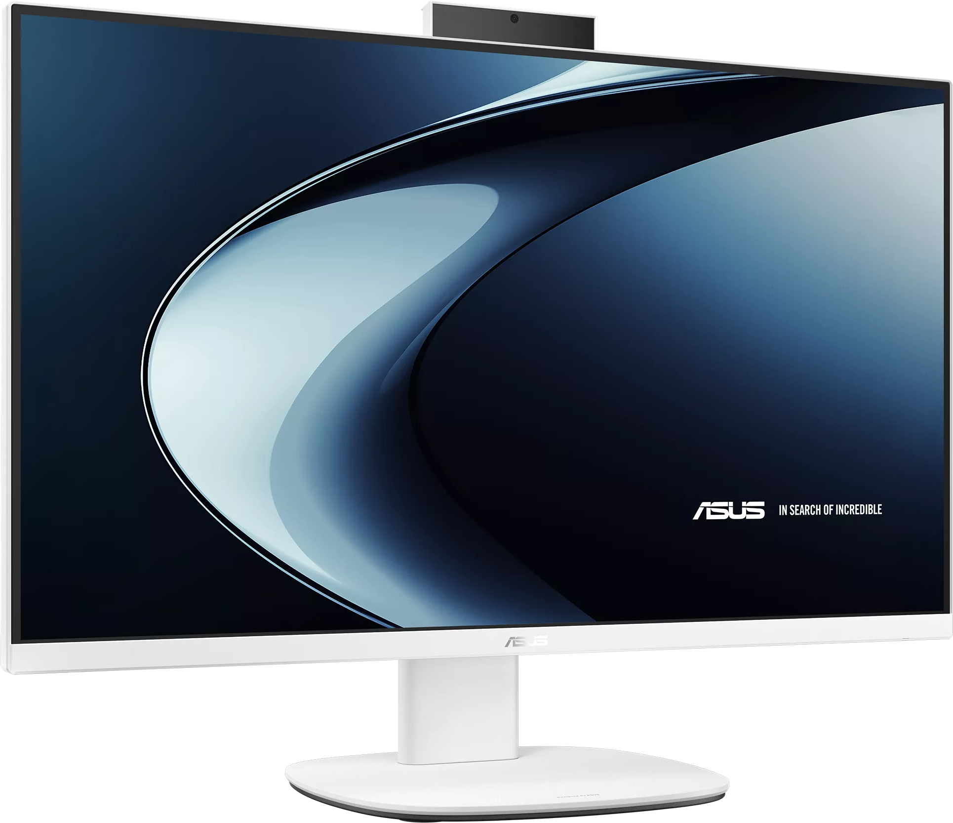 Egy fehér ASUS monitor webkamerával kék dizájnt mutat a képernyőn.