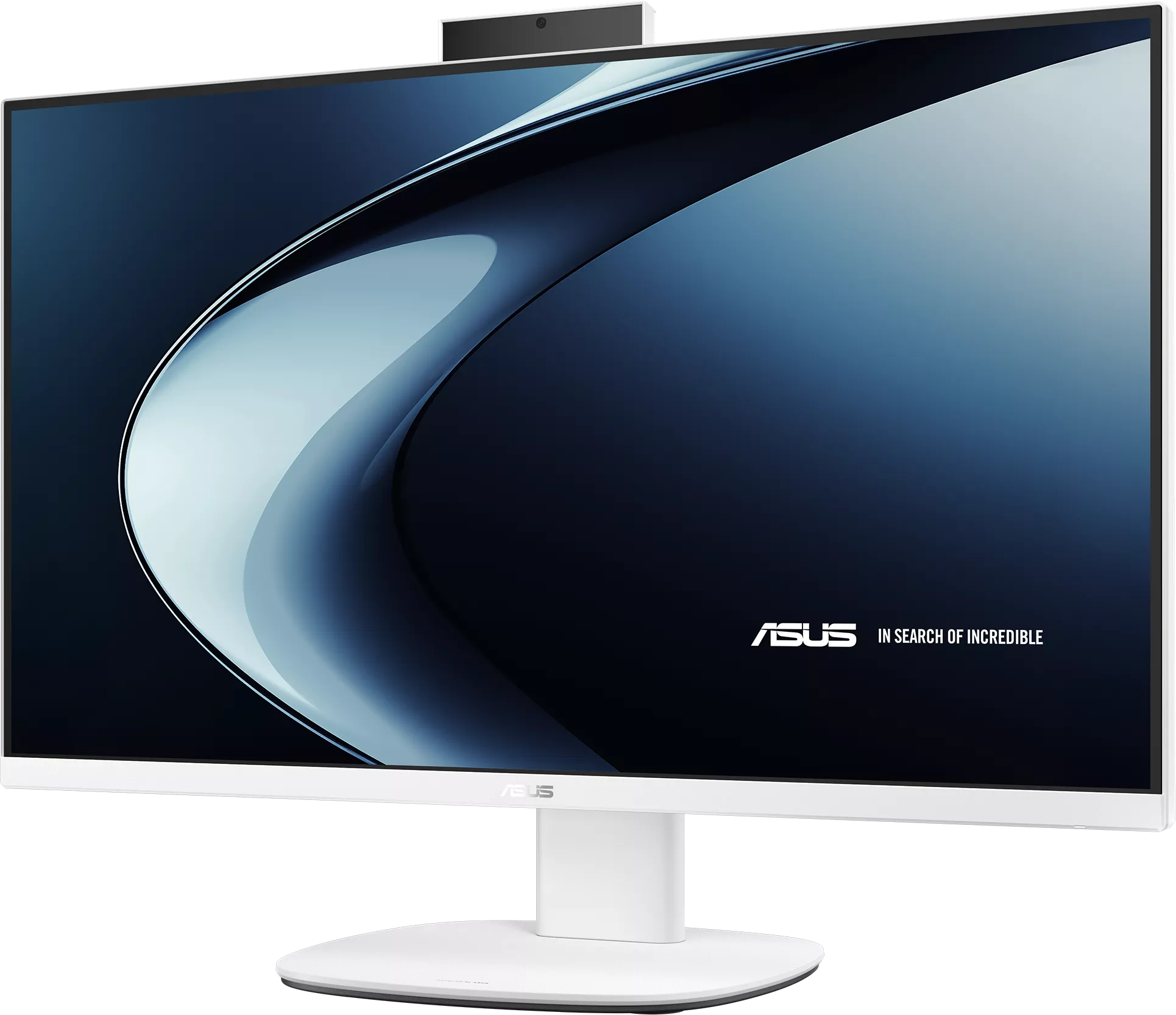 Egy fehér ASUS monitor elvont kék-fehér háttérképpel és egy webkamerával a tetején.