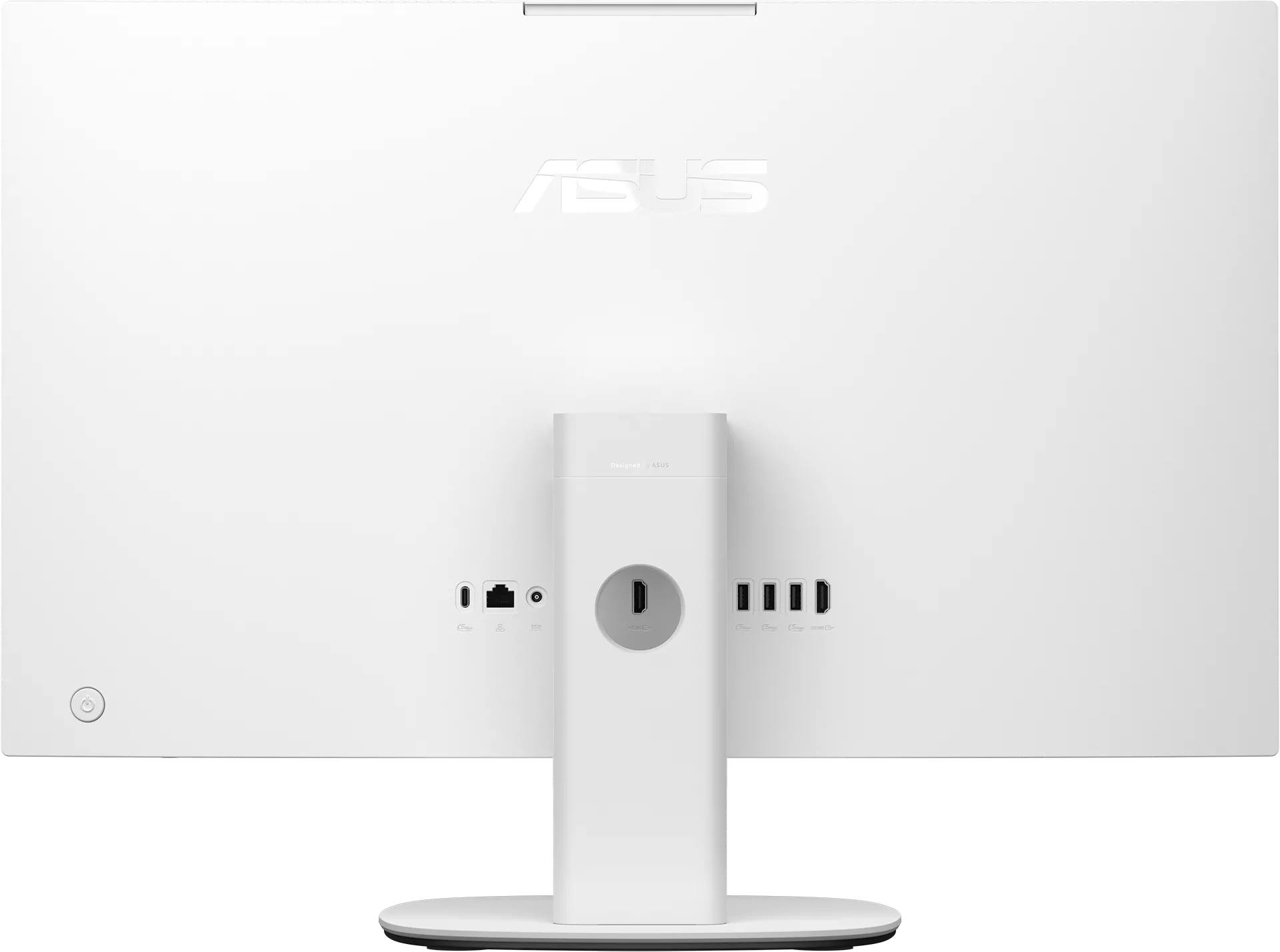 Fehér ASUS monitor hátoldala csatlakozókkal, állvánnyal és márkajelzéssel.