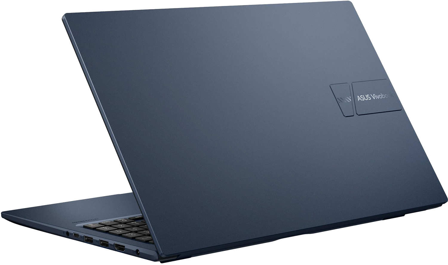 Kék ASUS Vivobook laptop csukott fedéllel, fekete háttér előtt.