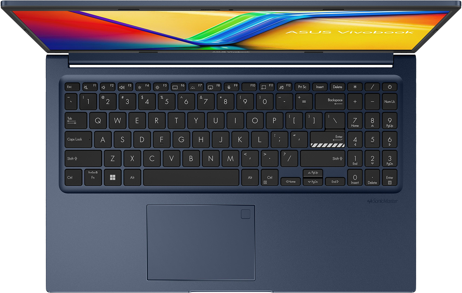 Felülnézet egy kék Asus Vivobook laptopról, nyitott kijelzővel, teljes QWERTY billentyűzettel és numerikus paddal.