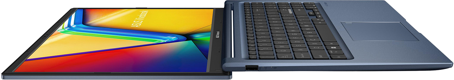 Közeli kép egy kék ASUS Vivobook laptopról színes kijelzővel és billentyűzettel.