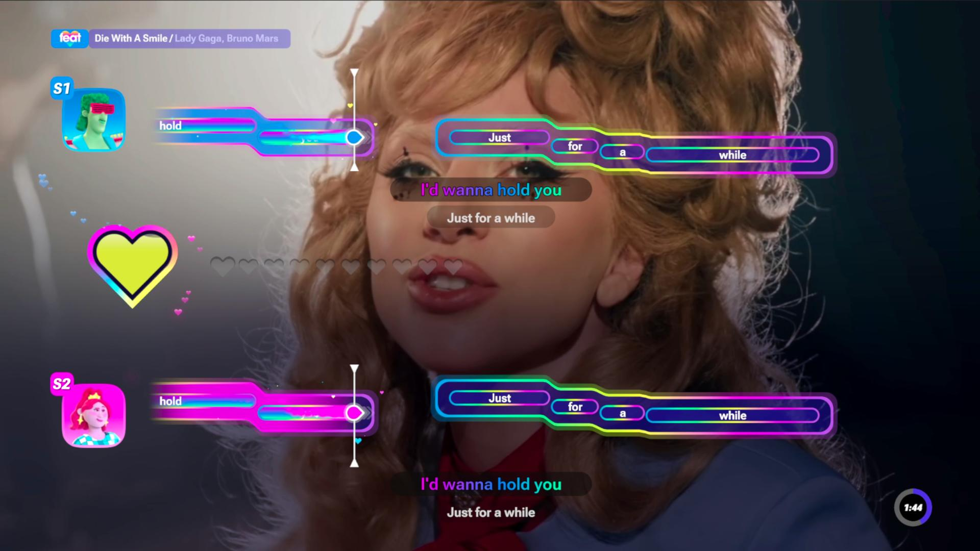 Karriere-Gesangsspieloberfläche mit einer blonden Sängerin im Hintergrund und Liedtexten im Vordergrund.