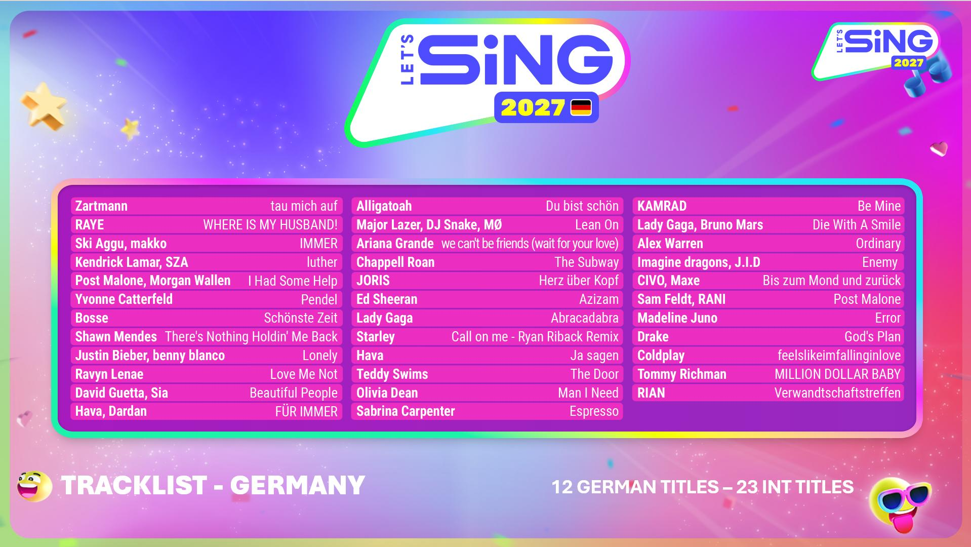 Tracklist für Let's Sing 2027 Deutschland mit Künstlernamen und Liedtiteln auf farbigem Hintergrund.