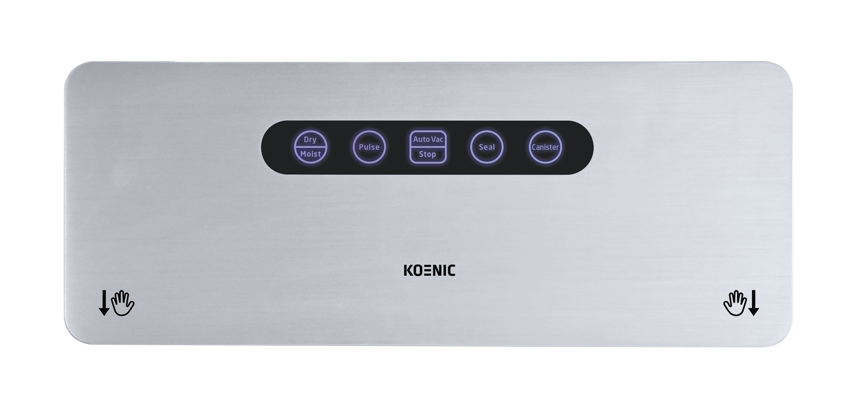 Panel de control plateado de una envasadora al vacío Koenic con botones táctiles sobre fondo negro.