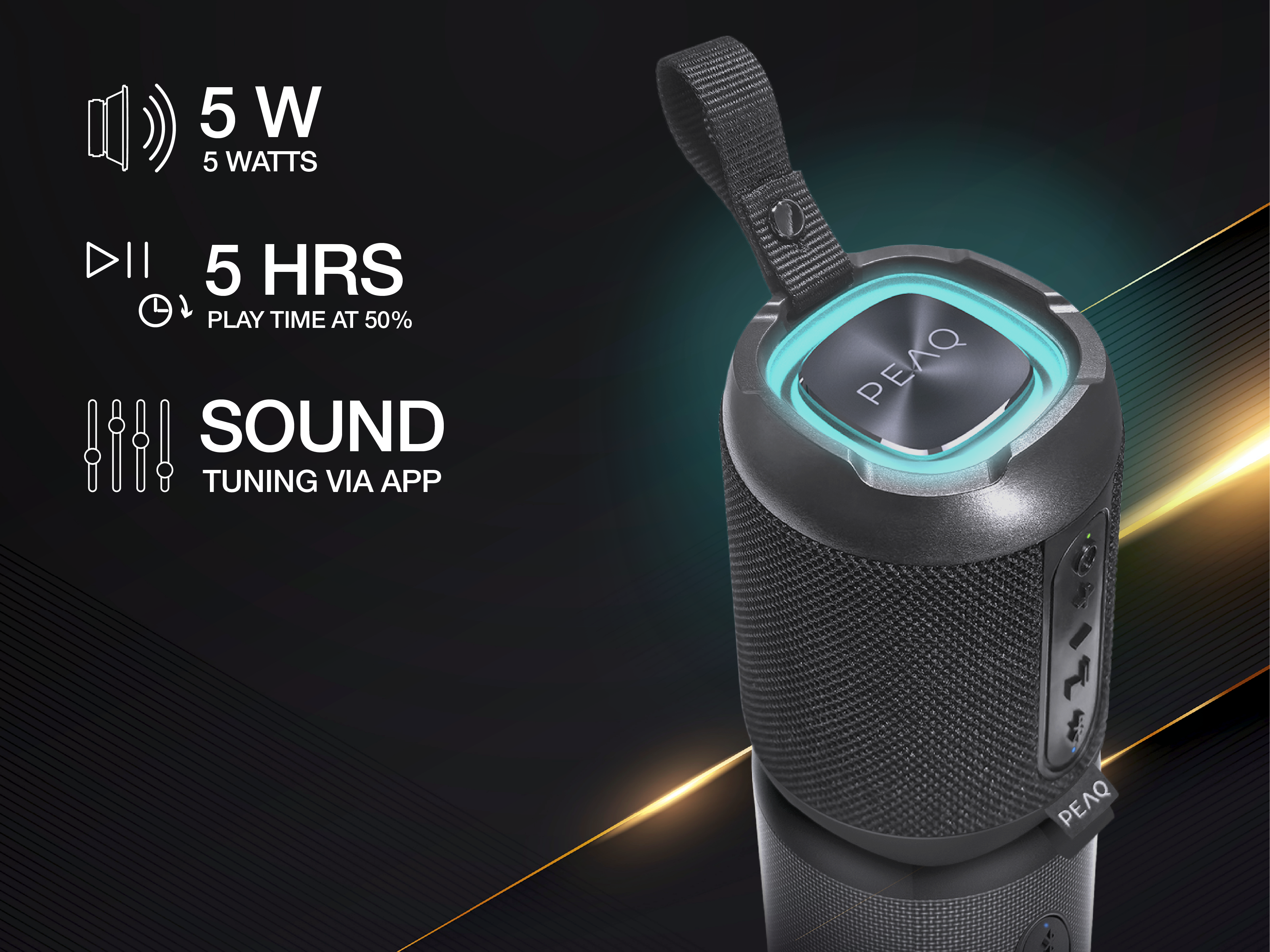 Schwarzer PEAQ-Bluetooth-Lautsprecher mit Leuchtring, Trageschlaufe und Grafiken zu Leistungs- und Akkudaten.