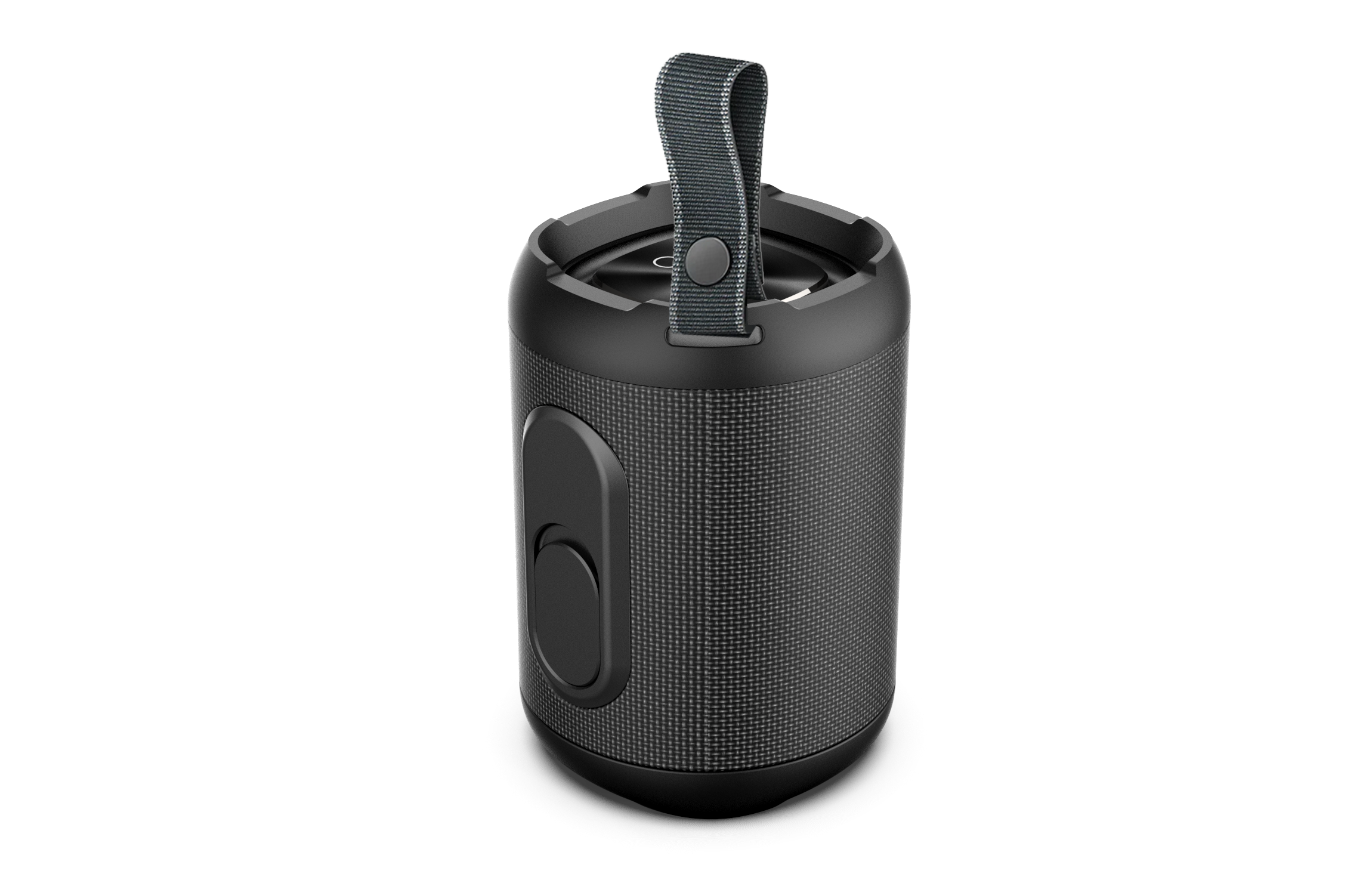 Schwarzer, zylindrischer Bluetooth-Lautsprecher mit Tragegurt auf dunklem Hintergrund.
