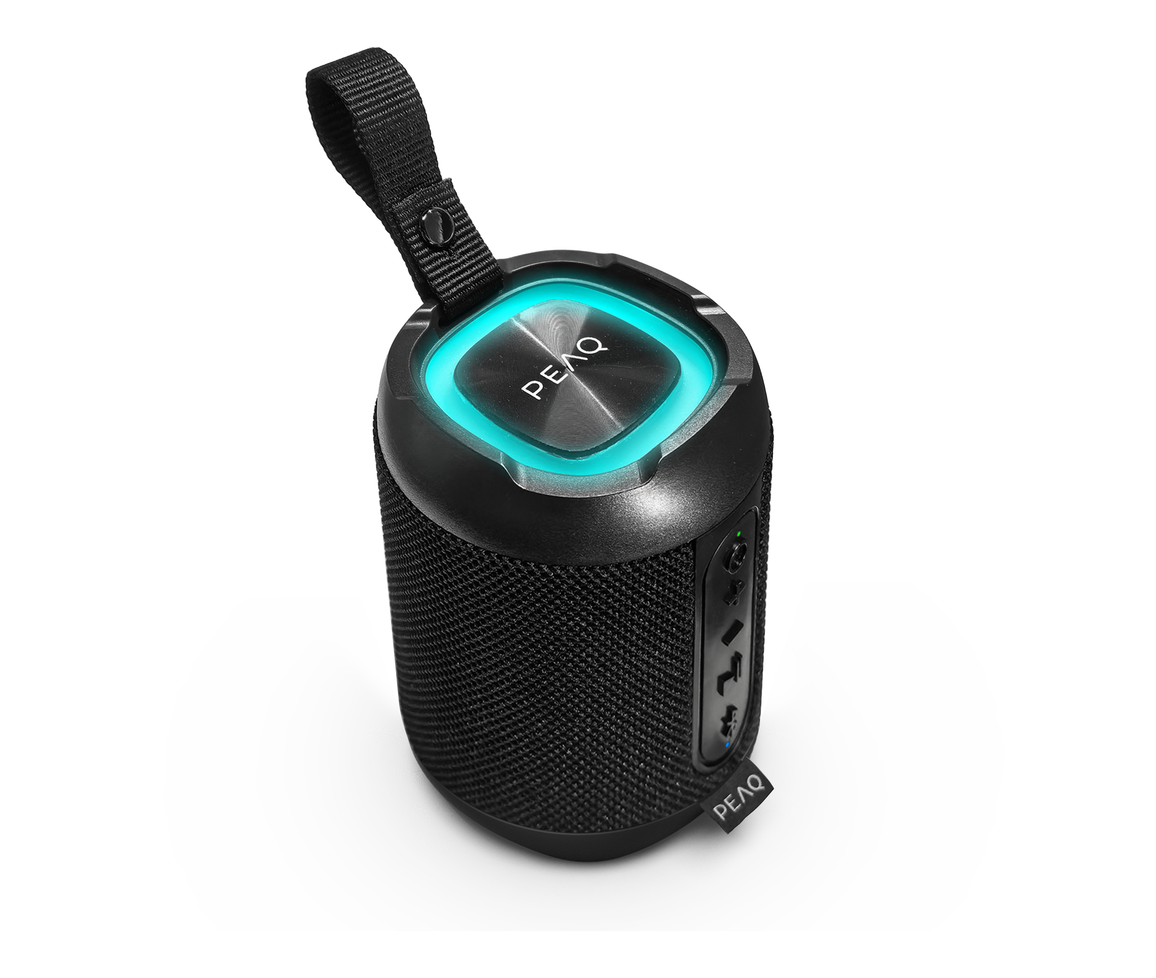 Ein zylindrischer schwarzer Bluetooth-Lautsprecher mit leuchtend türkisem Ring am oberen Ende und Trageschlaufe.