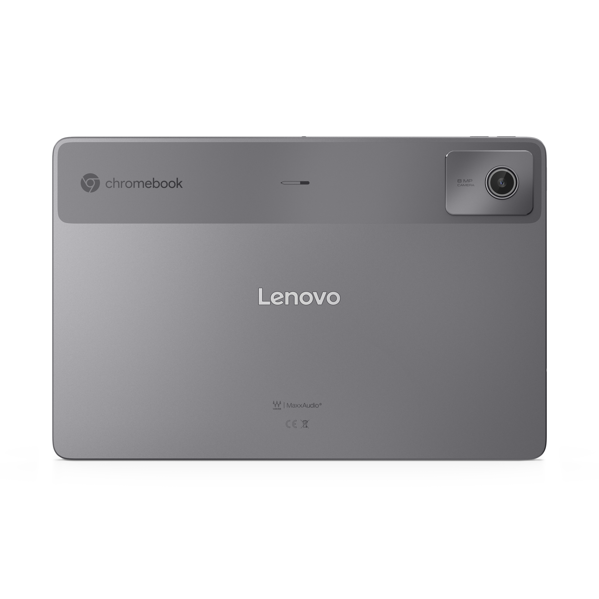 Rückseite eines grauen Lenovo Chromebook Tablets mit Kamera und Markenlogos vor schwarzem Hintergrund.
