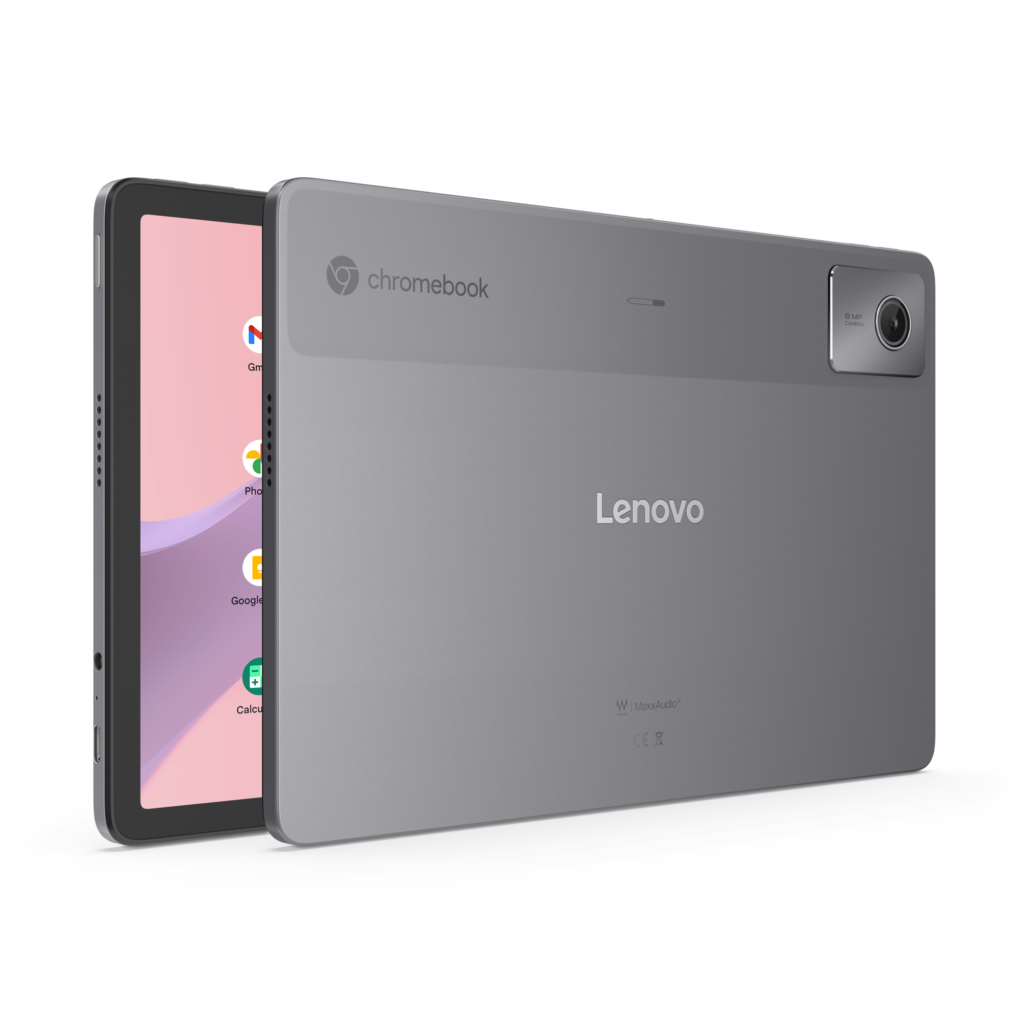 Graues Lenovo Chromebook Tablet mit Rückkamera auf schwarzem Hintergrund.