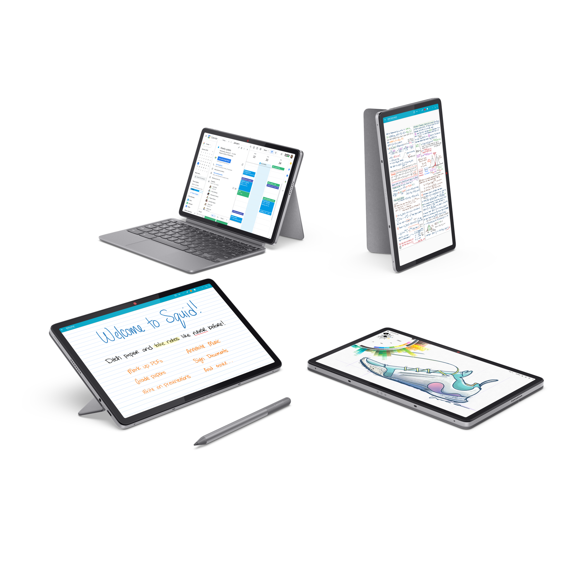 Vier Ansichten eines Tablets mit St Tastatur und Notizen auf schwarzem Hintergrund.