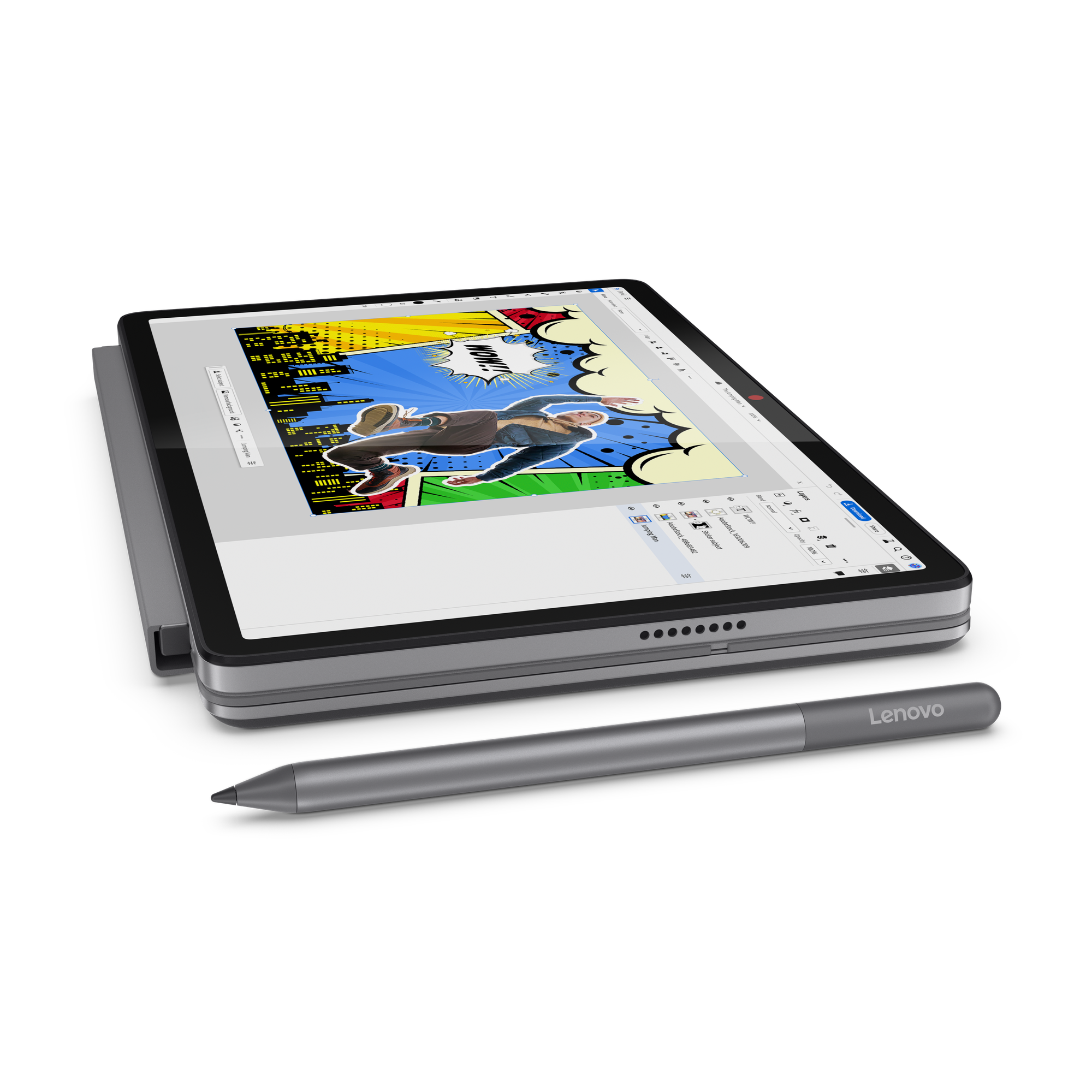 Ein graues Lenovo-Tablet mit Comic-Design und Stift davor auf schwarzem Hintergrund.