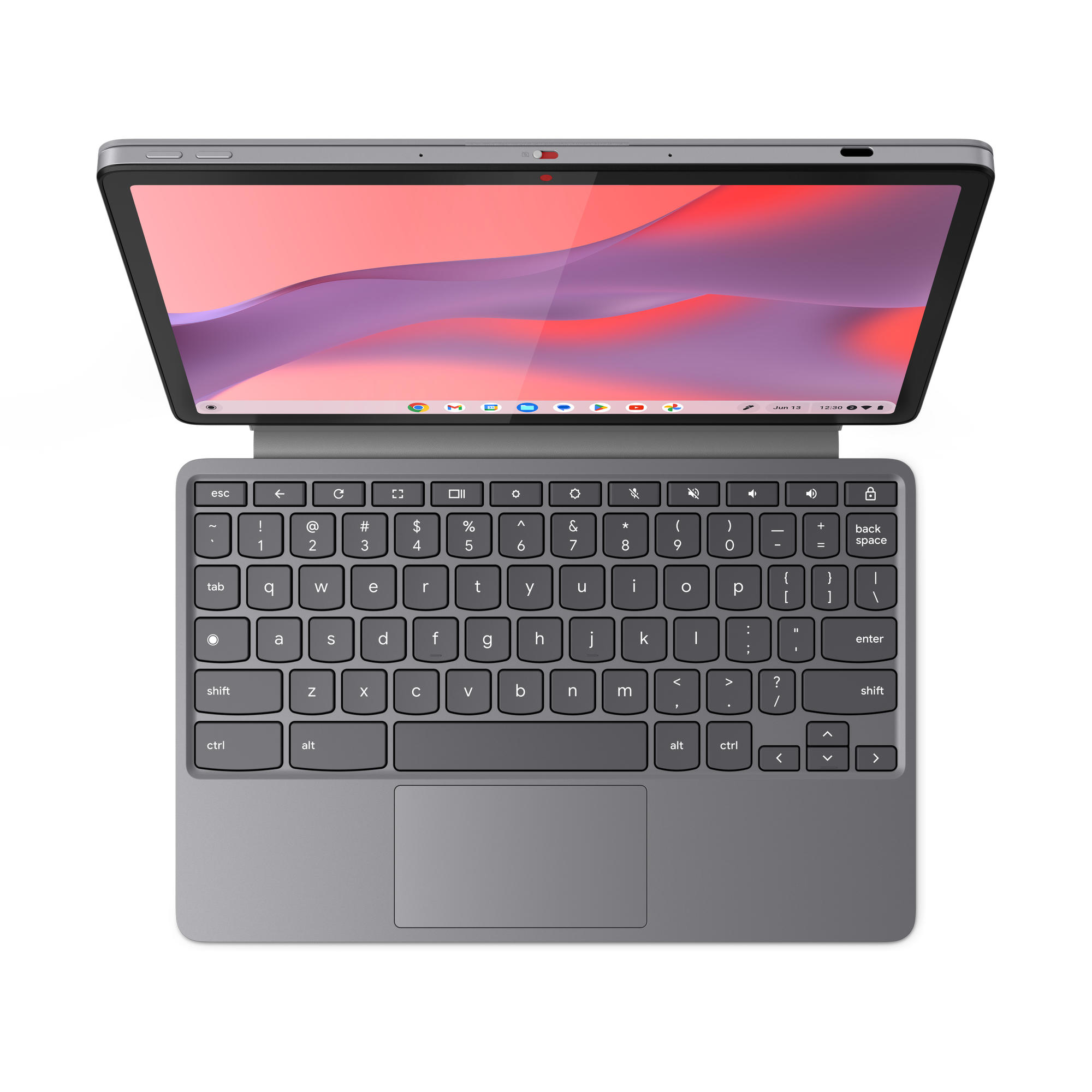 Ein graues Tablet mit angeschlossener Tastatur und farbigem Hintergrundbild, von oben aufgenommen auf schwarzem Grund.
