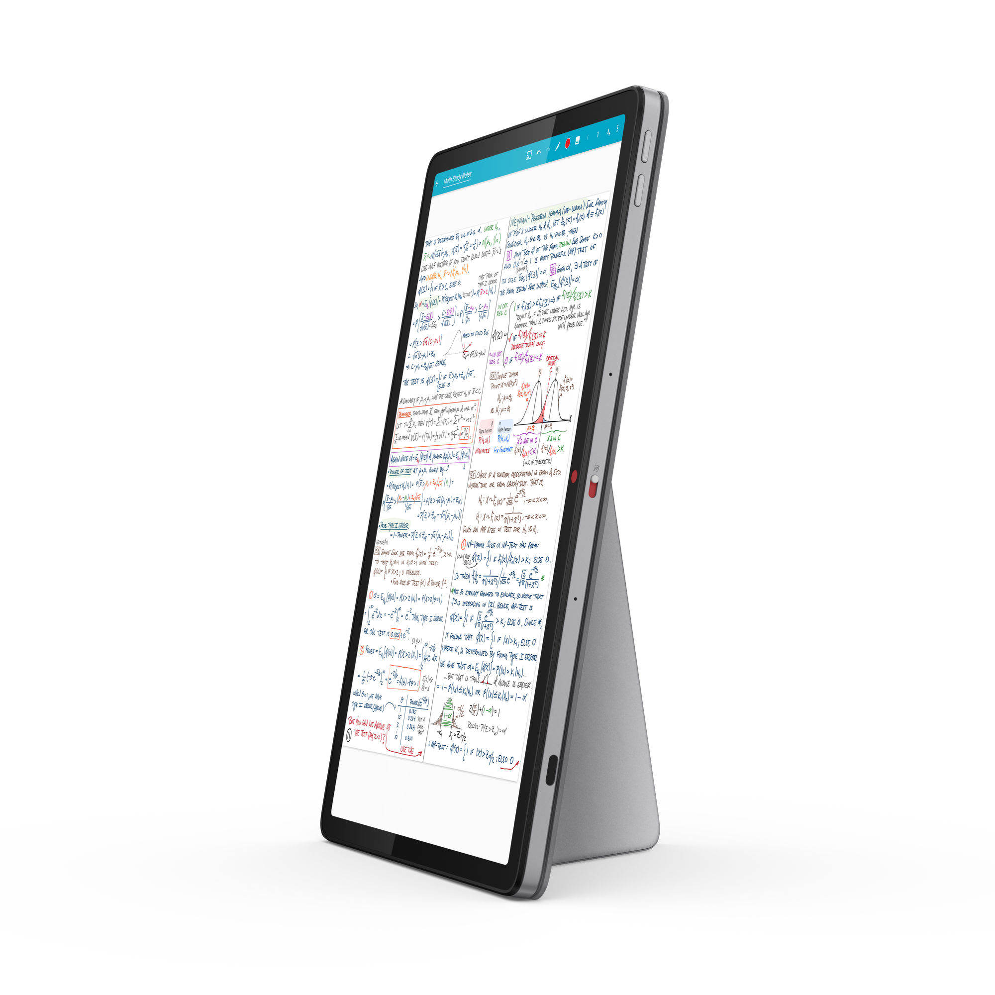 Ein Tablet mit Ständer zeigt handgeschriebene Mathe-Notizen und Diagramme auf dem Bildschirm vor schwarzem Hintergrund.