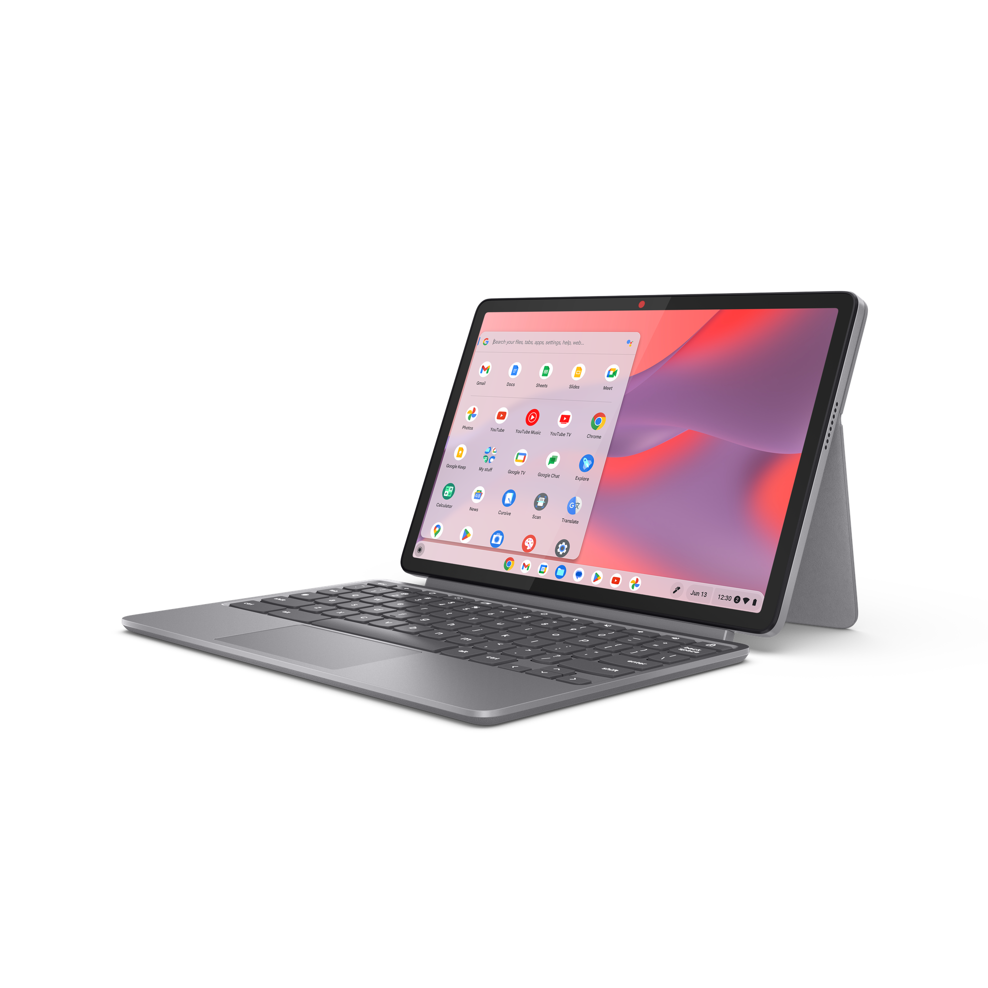 Ein graues Tablet mit angeschlossener Tastatur und App-Ansicht steht auf schwarzem Hintergrund.