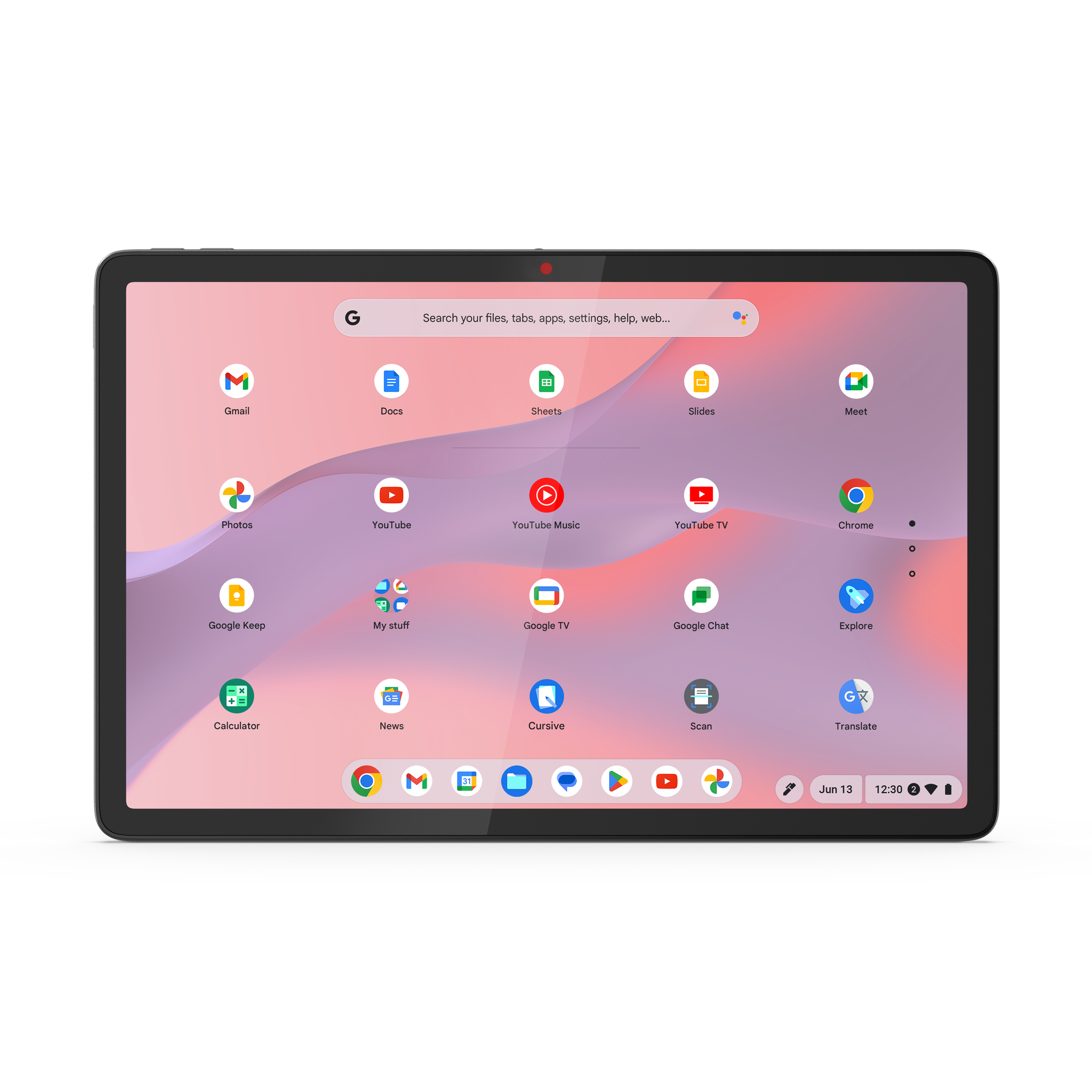 Ein Tablet mit einem rosa und lila Hintergrund zeigt App-Symbole und eine Google-Suchleiste auf dem Startbildschirm.