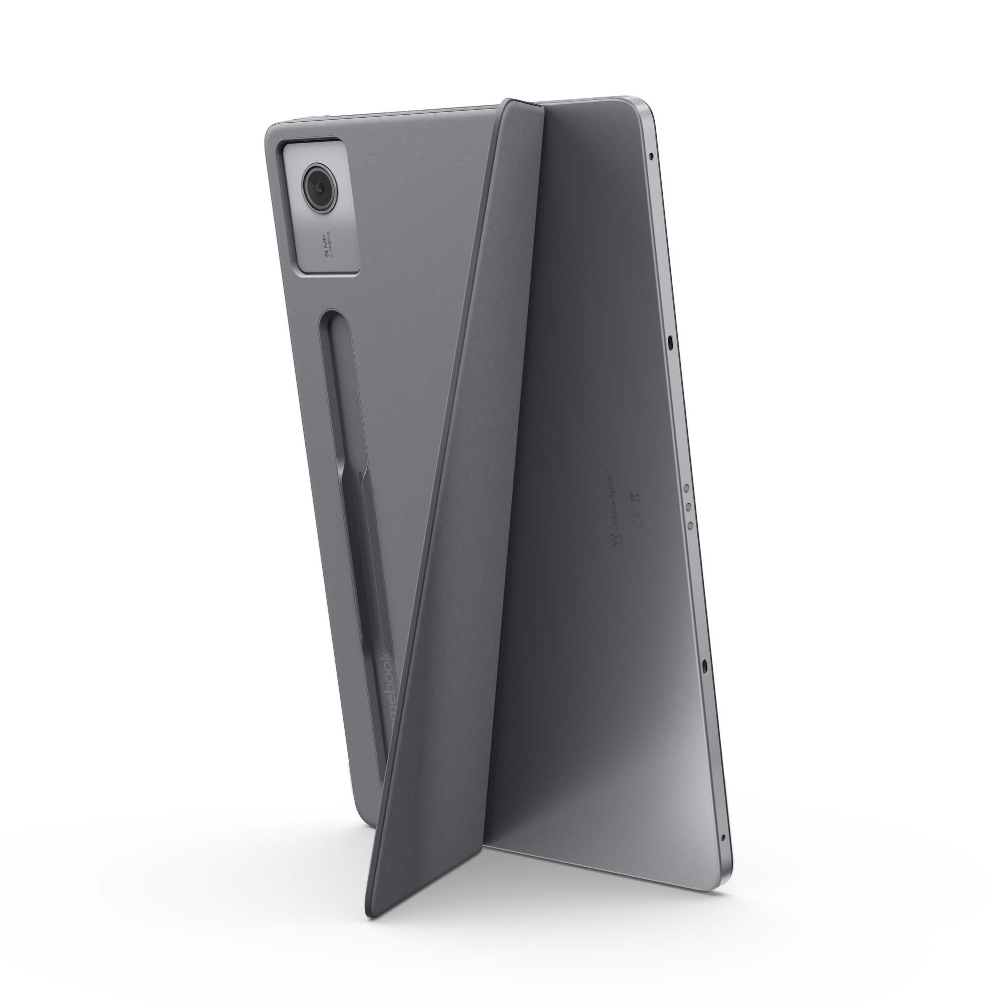 Graues Tablet im Ständer mit integrierter Stifthalterung und Kamera.