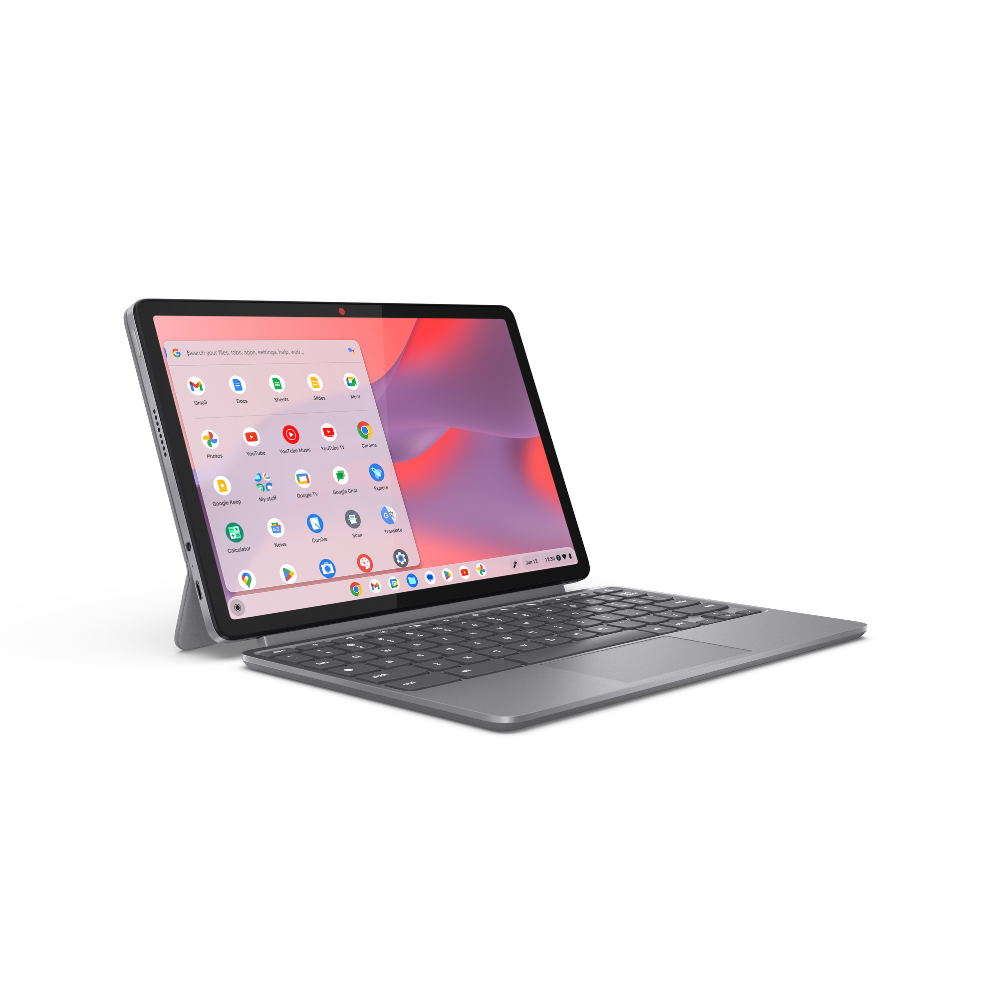Ein silbernes Tablet mit angedockter Tastatur zeigt ein farbenfrohes Display mit App-Symbolen vor schwarzem Hintergrund.