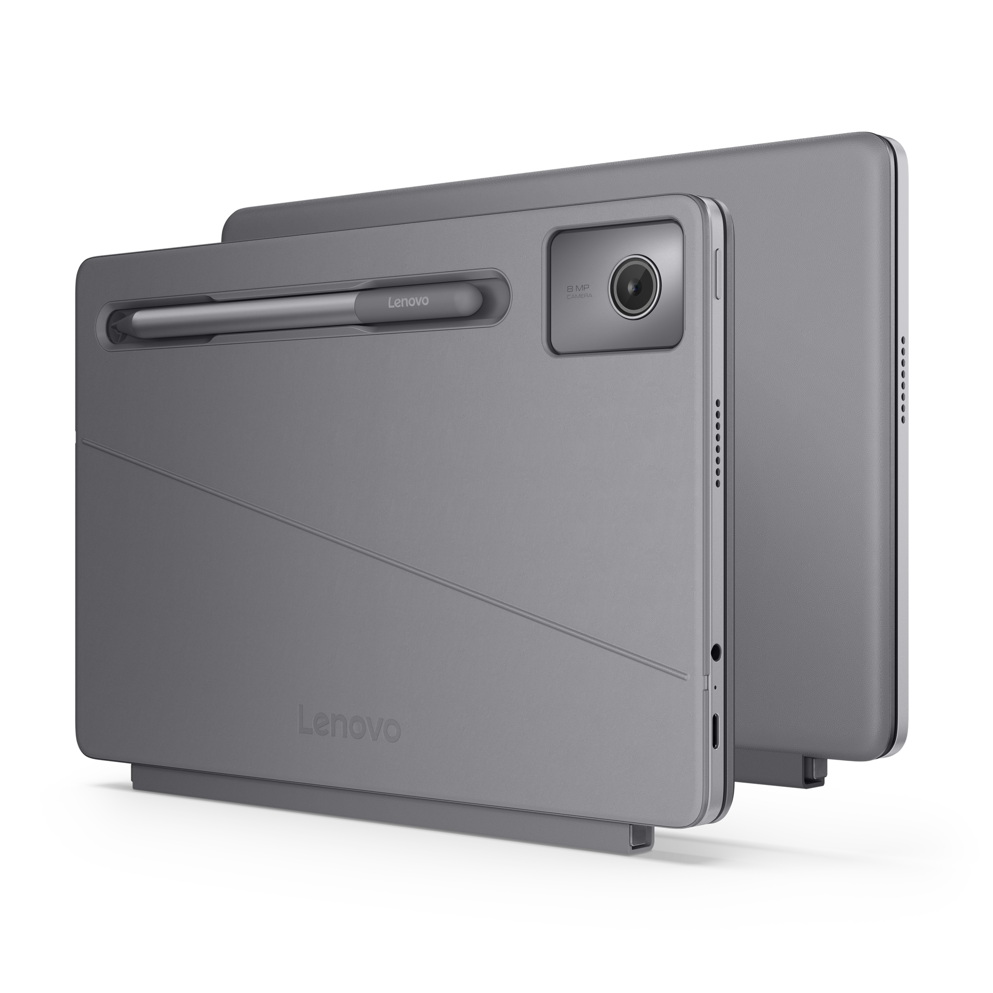 Zwei graue Lenovo Tablets mit Hüllen und Eingabestiften vor schwarzem Hintergrund.